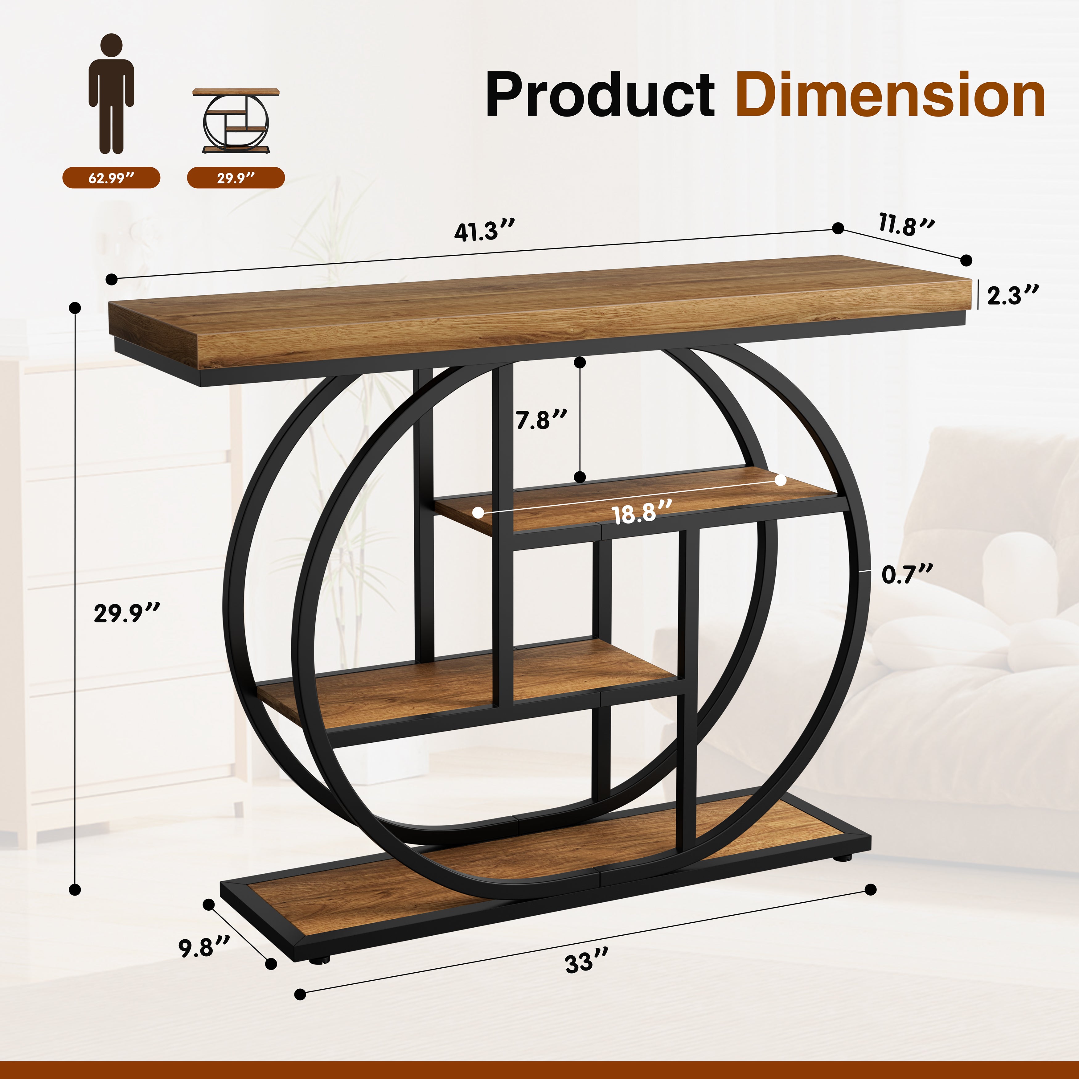 Vongrasig Console Table with Circle Base, Industrial Narrow Entryway Table with Storage, 4-Tier Wood Sofa Table for Living Room, Hallway
