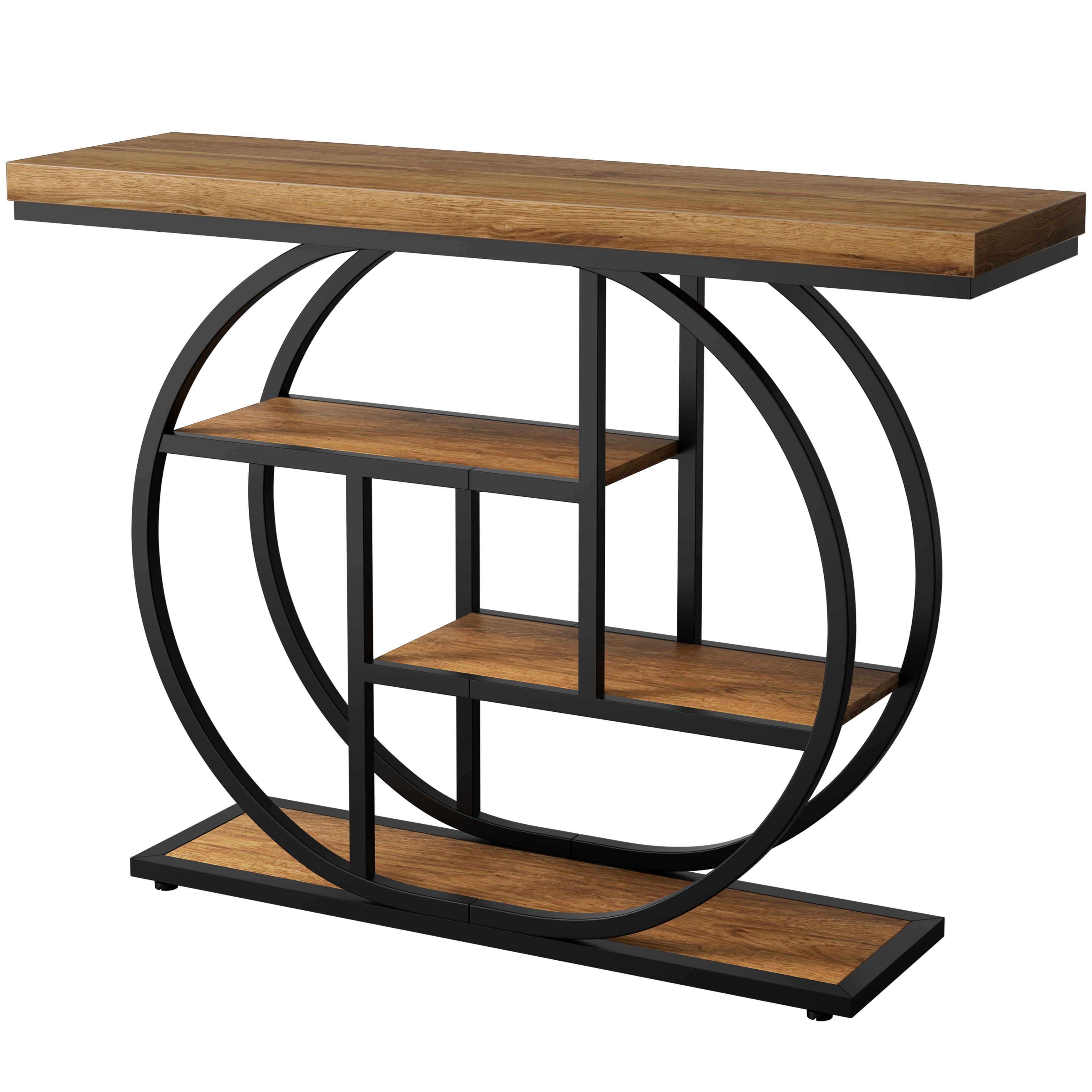 Vongrasig Console Table with Circle Base, Industrial Narrow Entryway Table with Storage, 4-Tier Wood Sofa Table for Living Room, Hallway