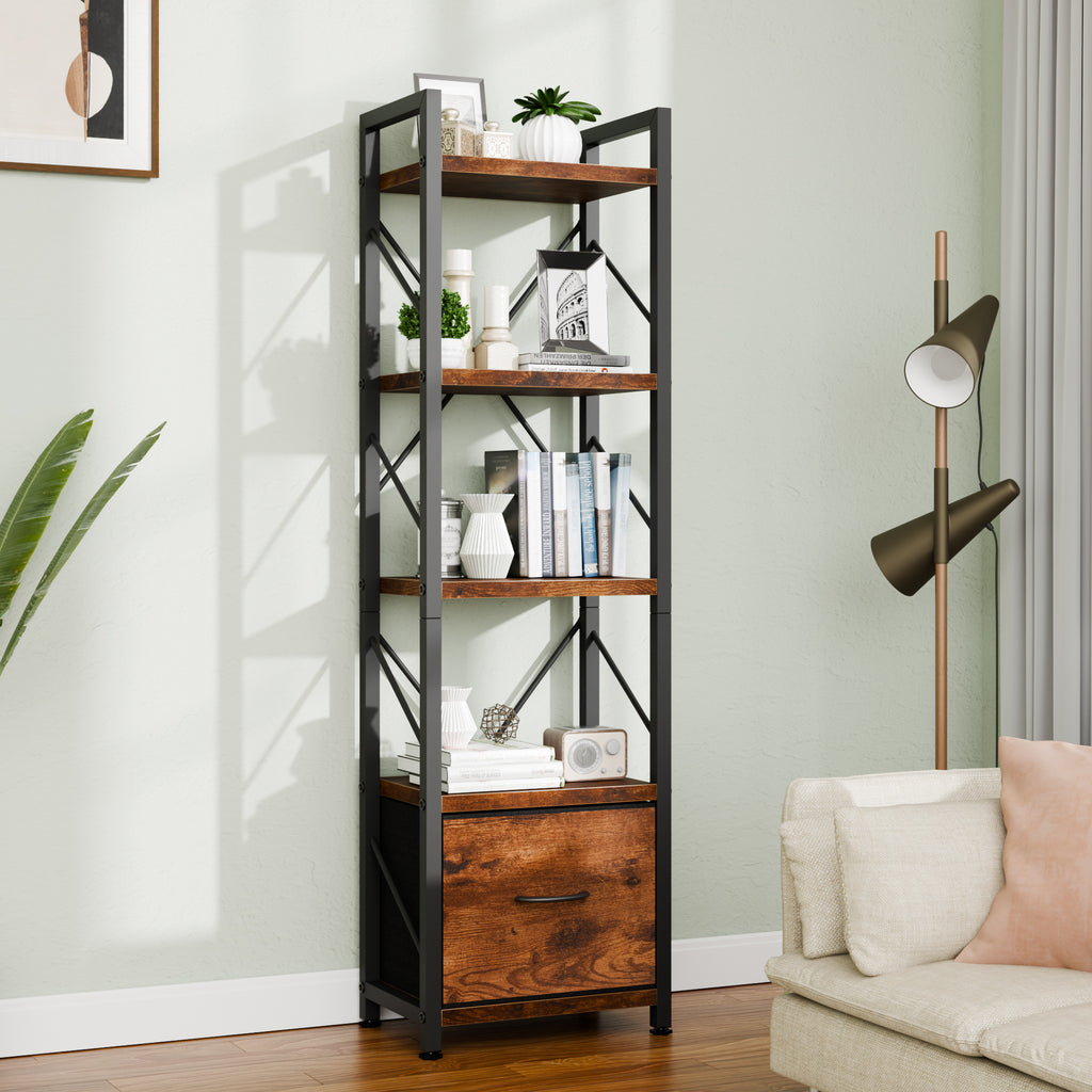 Vongrasig 5 Tier Bookshelf with Drawer, Industrial Tall Narrow Bookcase, Display Shelf Modern Wood and Metal Bookshelves, Free Standing Storage Organizer for Office, Living Room