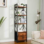 Vongrasig 5 Tier Bookshelf with Drawer, Industrial Tall Narrow Bookcase, Display Shelf Modern Wood and Metal Bookshelves, Free Standing Storage Organizer for Office, Living Room