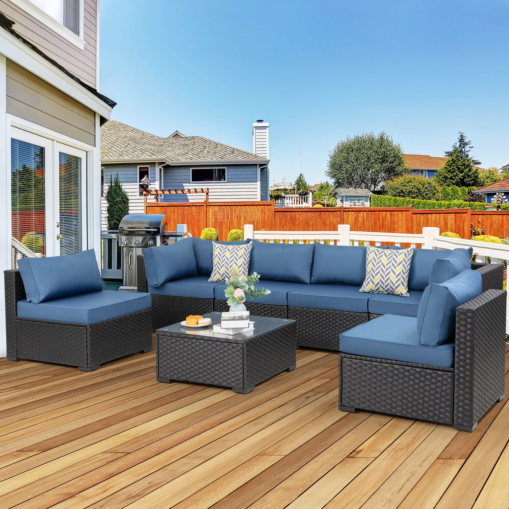 Vongrasig Patio Furniture 7 Pieces Outdoor Sectional Sofa Set, Black Wicker