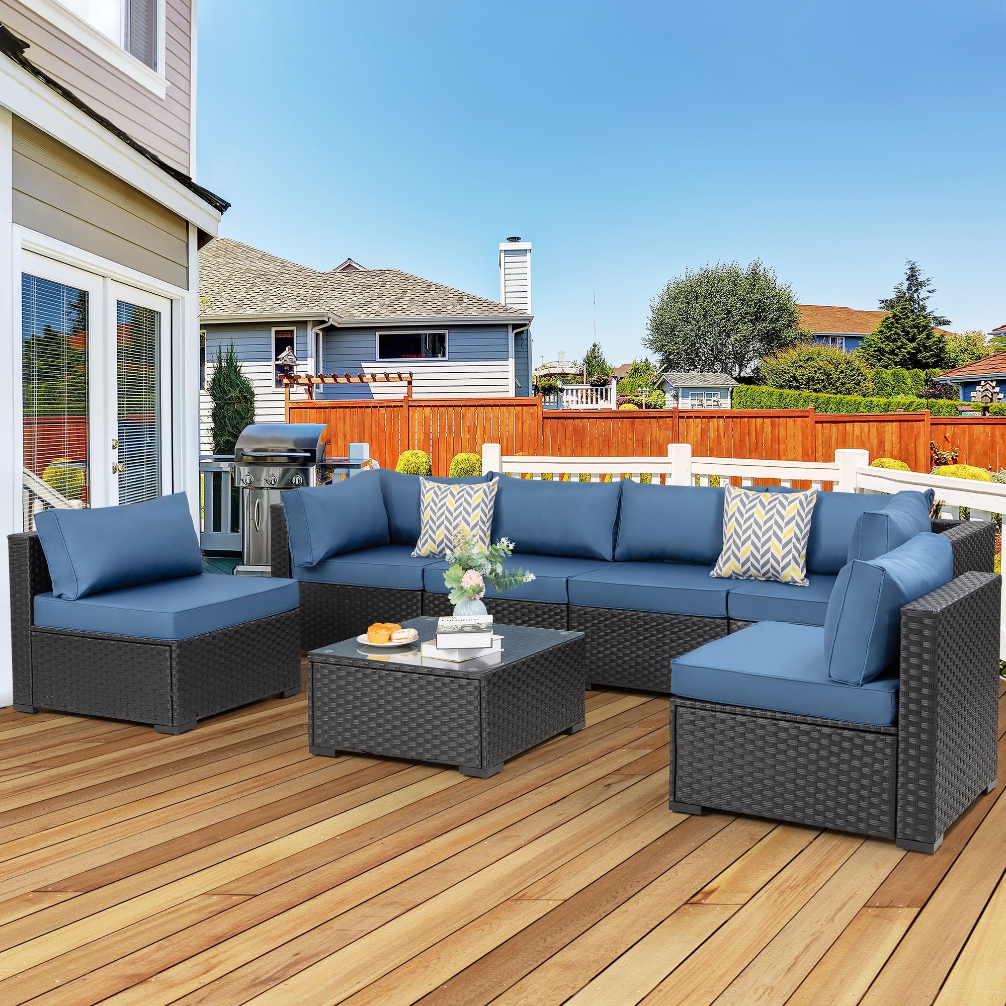 Vongrasig Patio Furniture 7 Pieces Outdoor Sectional Sofa Set, Black Wicker