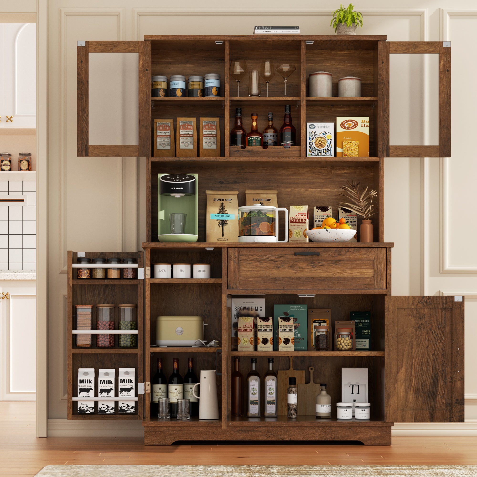 Vongrasig Kitchen Pantry Cabinet, Farmhouse Kitchen Hutch Tall Storage Cabinet with Doors and Shelves, Modern Food Pantry for Dining Room
