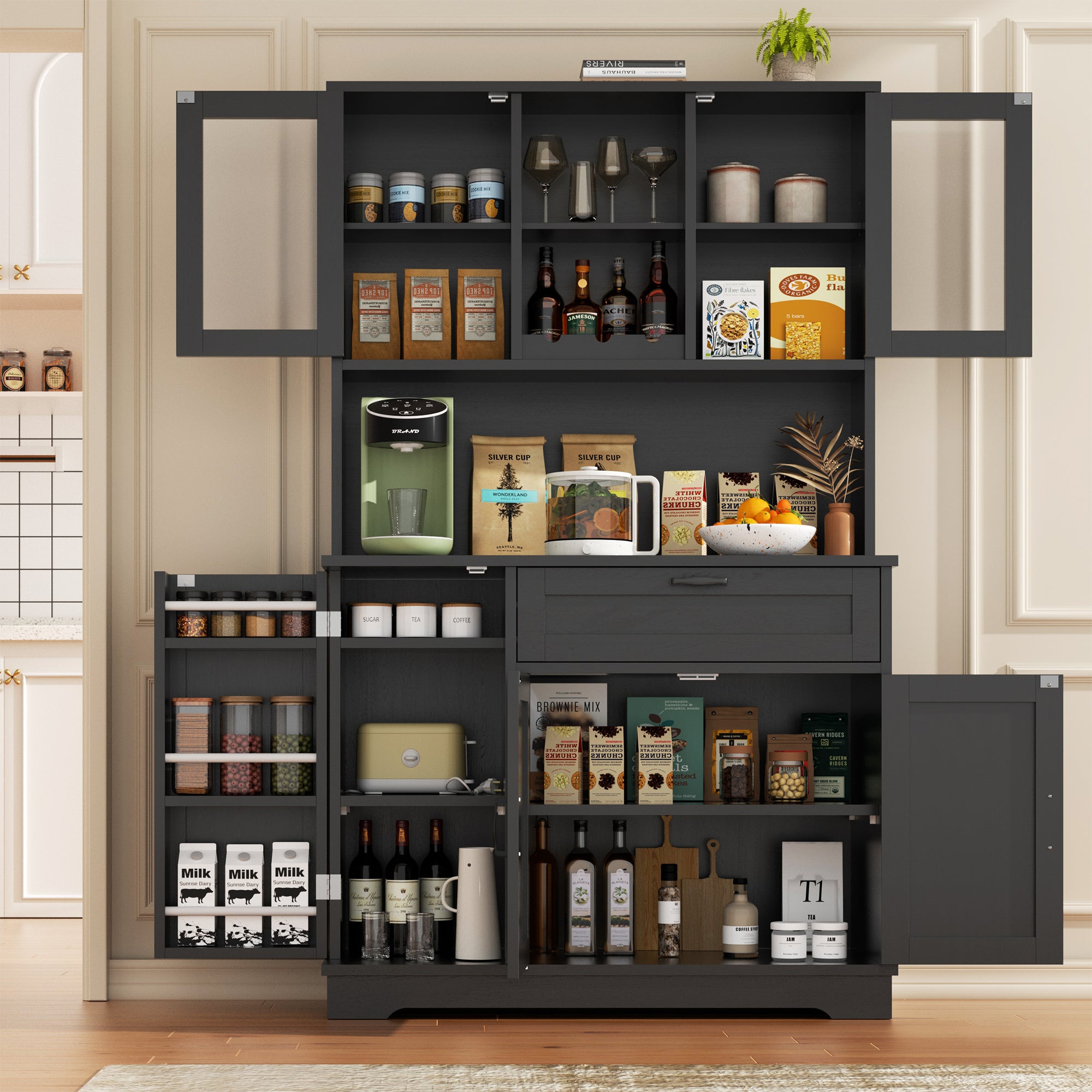 Vongrasig Kitchen Pantry Cabinet, Farmhouse Kitchen Hutch Tall Storage Cabinet with Doors and Shelves, Modern Food Pantry for Dining Room