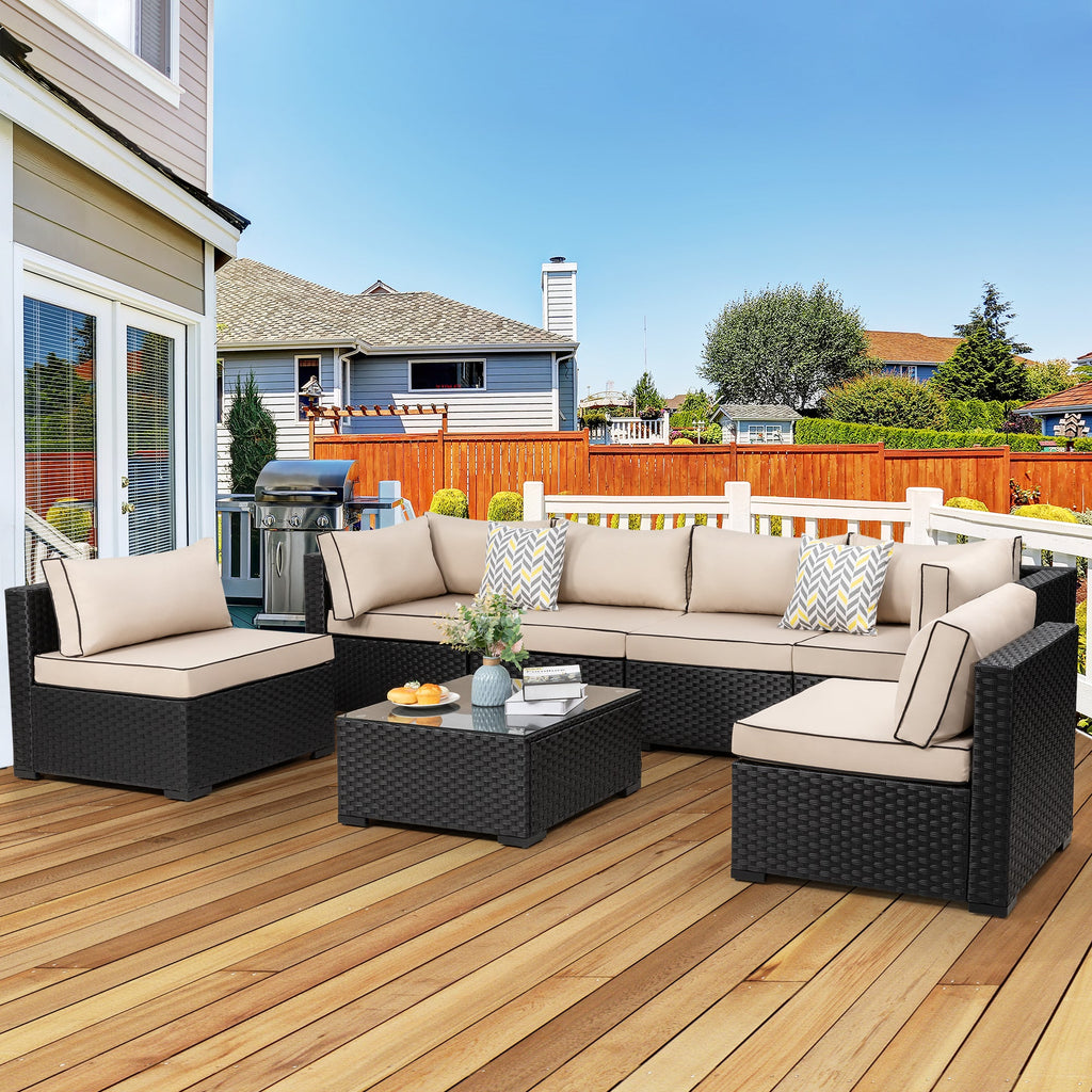 Vongrasig Patio Furniture 7 Pieces Outdoor Sectional Sofa Set, Black Wicker