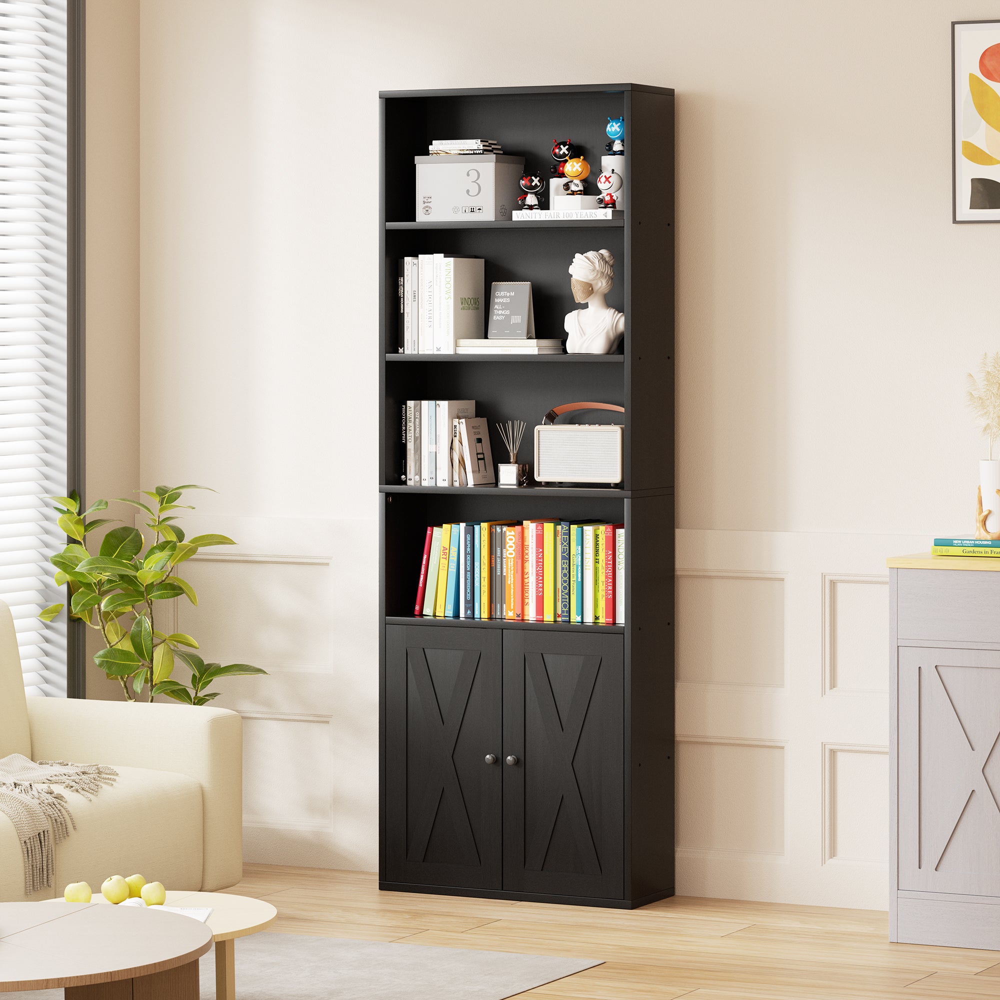Vongrasig Farmhouse Bookcase with Doors & Storage, Tall 6-Tier Wood Bookshelf for Home Office Organization, Living Room Display, and Bedroom Storage Alternatives, 71-Inch Standing Shelf