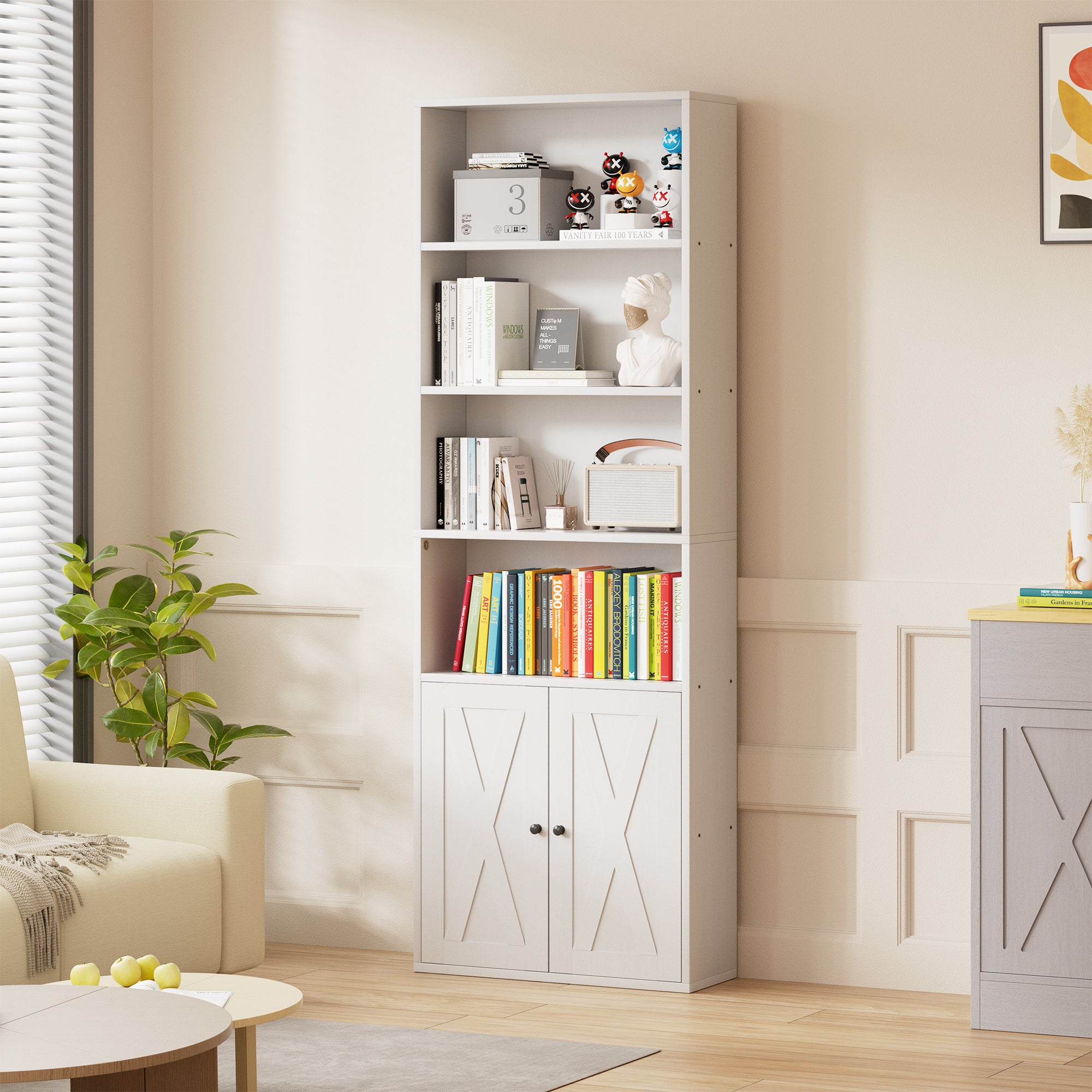 Vongrasig Farmhouse Bookcase with Doors & Storage, Tall 6-Tier Wood Bookshelf for Home Office Organization, Living Room Display, and Bedroom Storage Alternatives, 71-Inch Standing Shelf