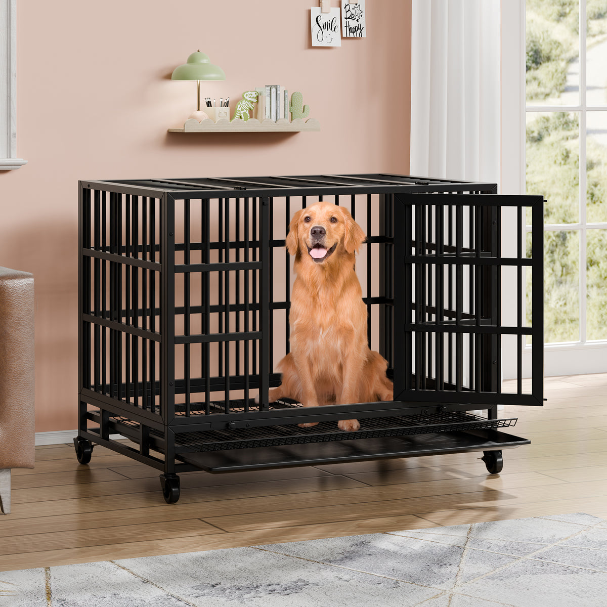 Vongrasig 38 Inch Heavy Duty Indestructible Dog Crate, Escape Proof Dog Cage Kennel with Lockable Wheels,High Anxiety Double Door Dog Cage,Extra Large XL XXL Crate Indoor for Large Dogs