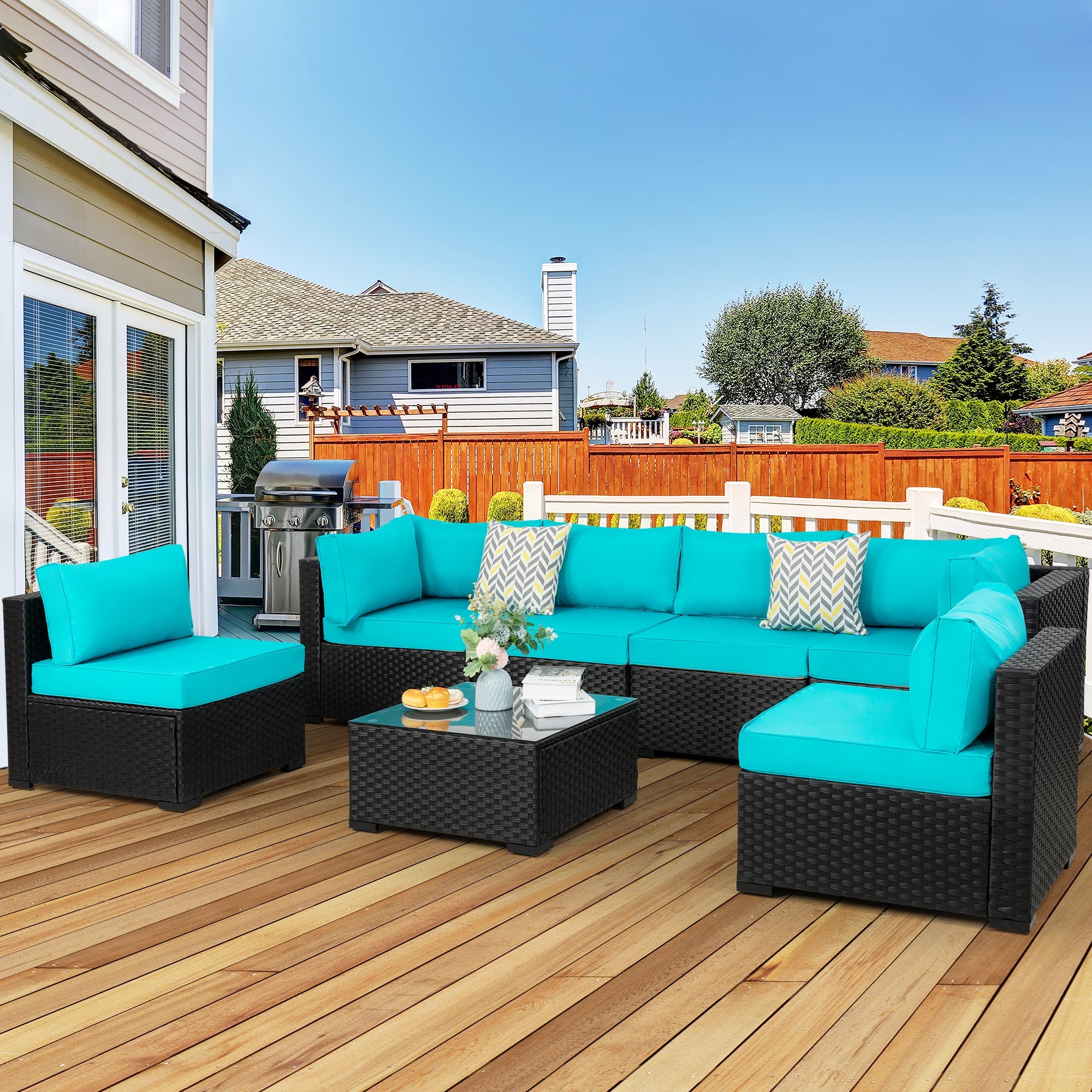 Vongrasig Patio Furniture 7 Pieces Outdoor Sectional Sofa Set, Black Wicker