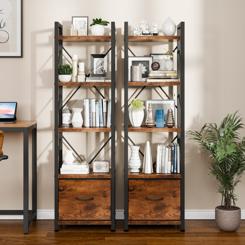 Vongrasig 5 Tier Bookshelf with Drawer, Industrial Tall Narrow Bookcase, Display Shelf Modern Wood and Metal Bookshelves, Free Standing Storage Organizer for Office, Living Room