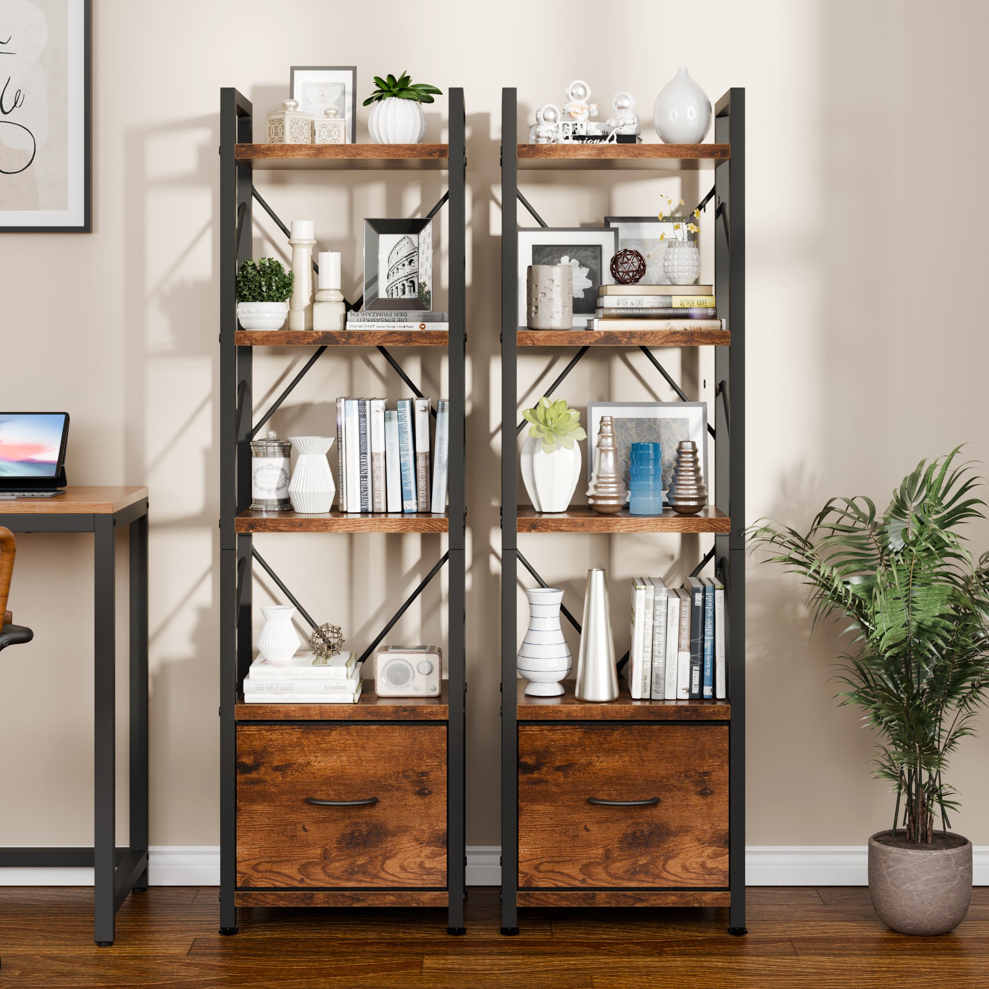Vongrasig 5 Tier Bookshelf with Drawer, Industrial Tall Narrow Bookcase, Display Shelf Modern Wood and Metal Bookshelves, Free Standing Storage Organizer for Office, Living Room