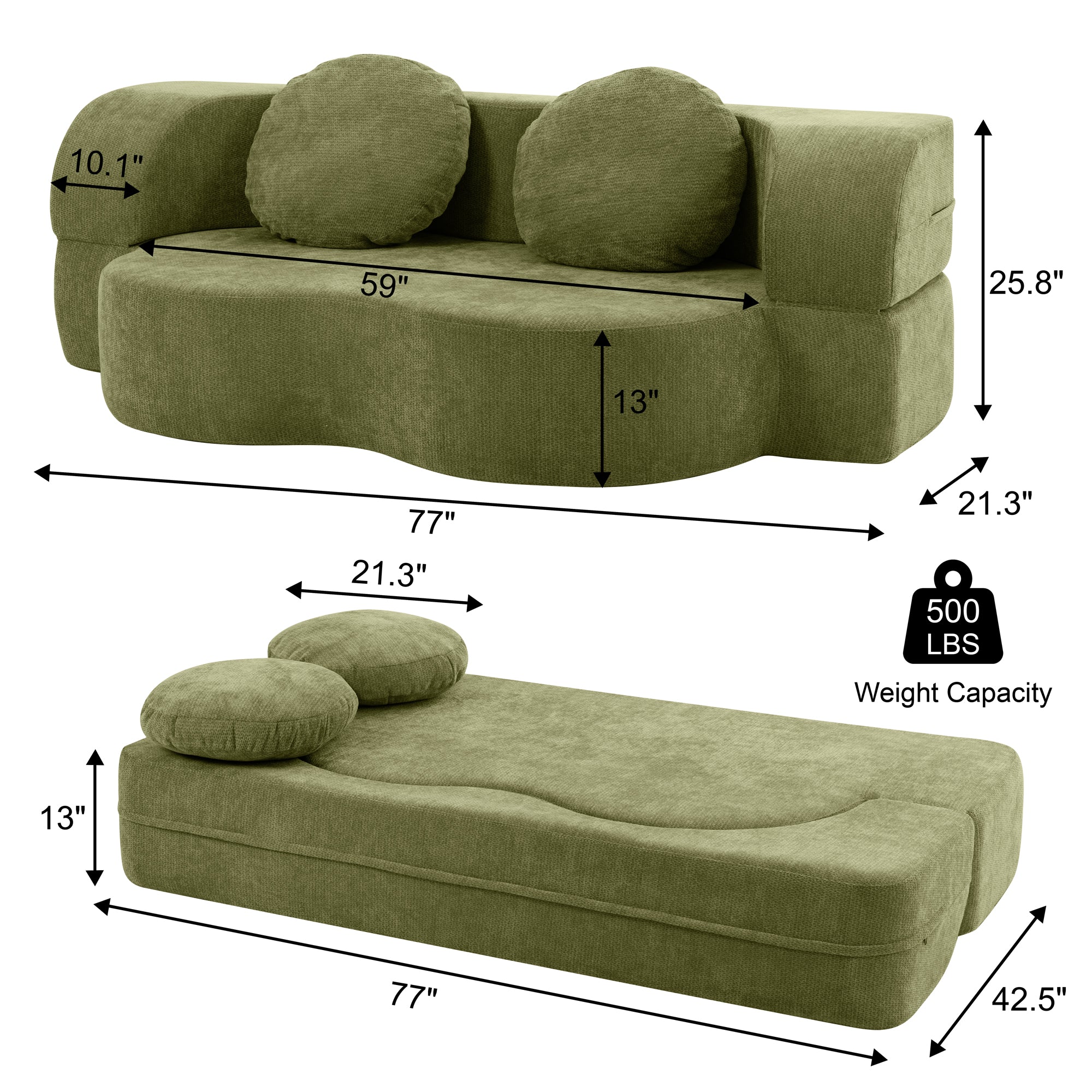 Vongrasig 77” Convertible Sofa Bed, Folding Boneless Couch, Floor Sofa 2-in-1 Curved Couch for Small Living Room, Apartment, Guest Room