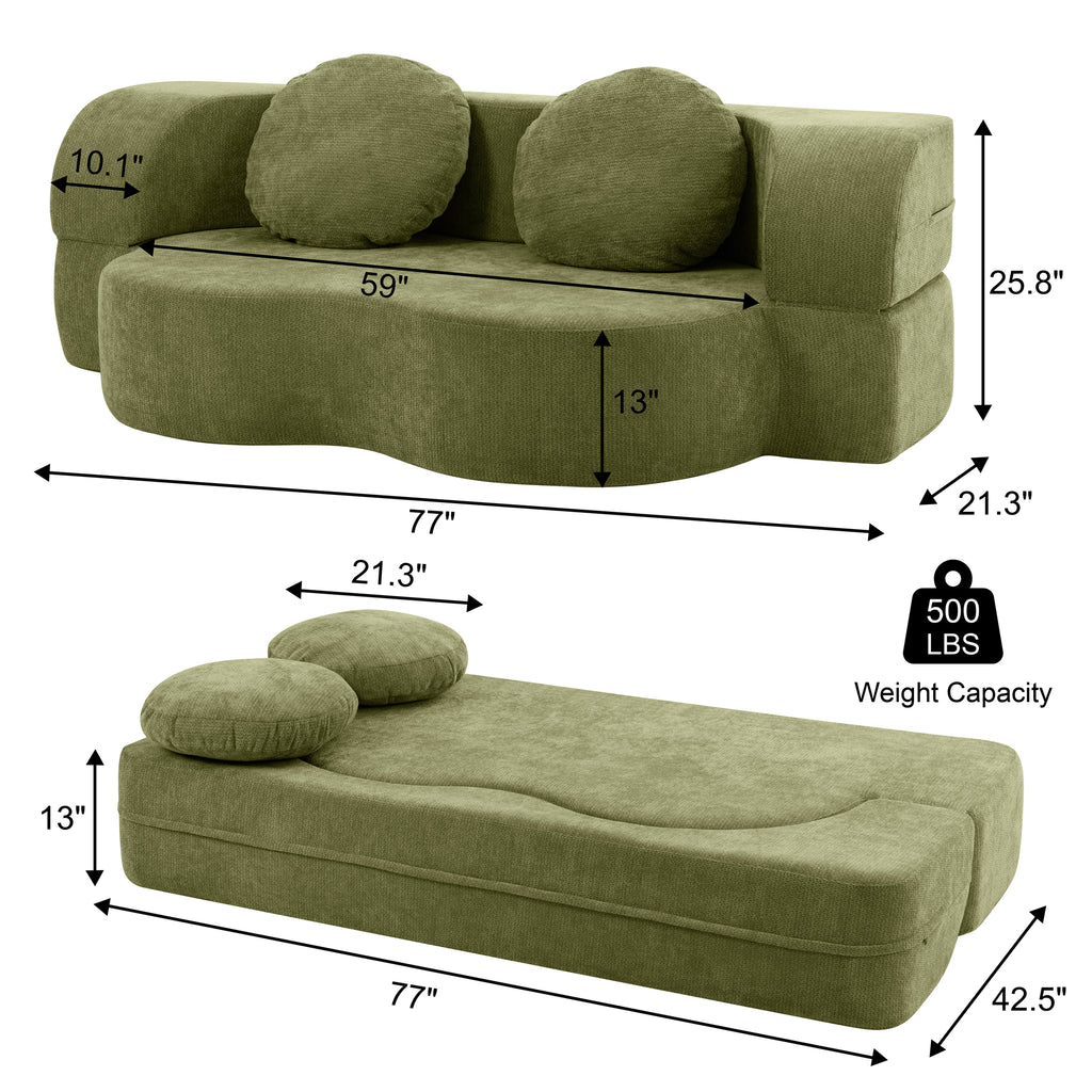 Vongrasig 77” Convertible Sofa Bed, Folding Boneless Couch, Floor Sofa 2-in-1 Curved Couch for Small Living Room, Apartment, Guest Room,