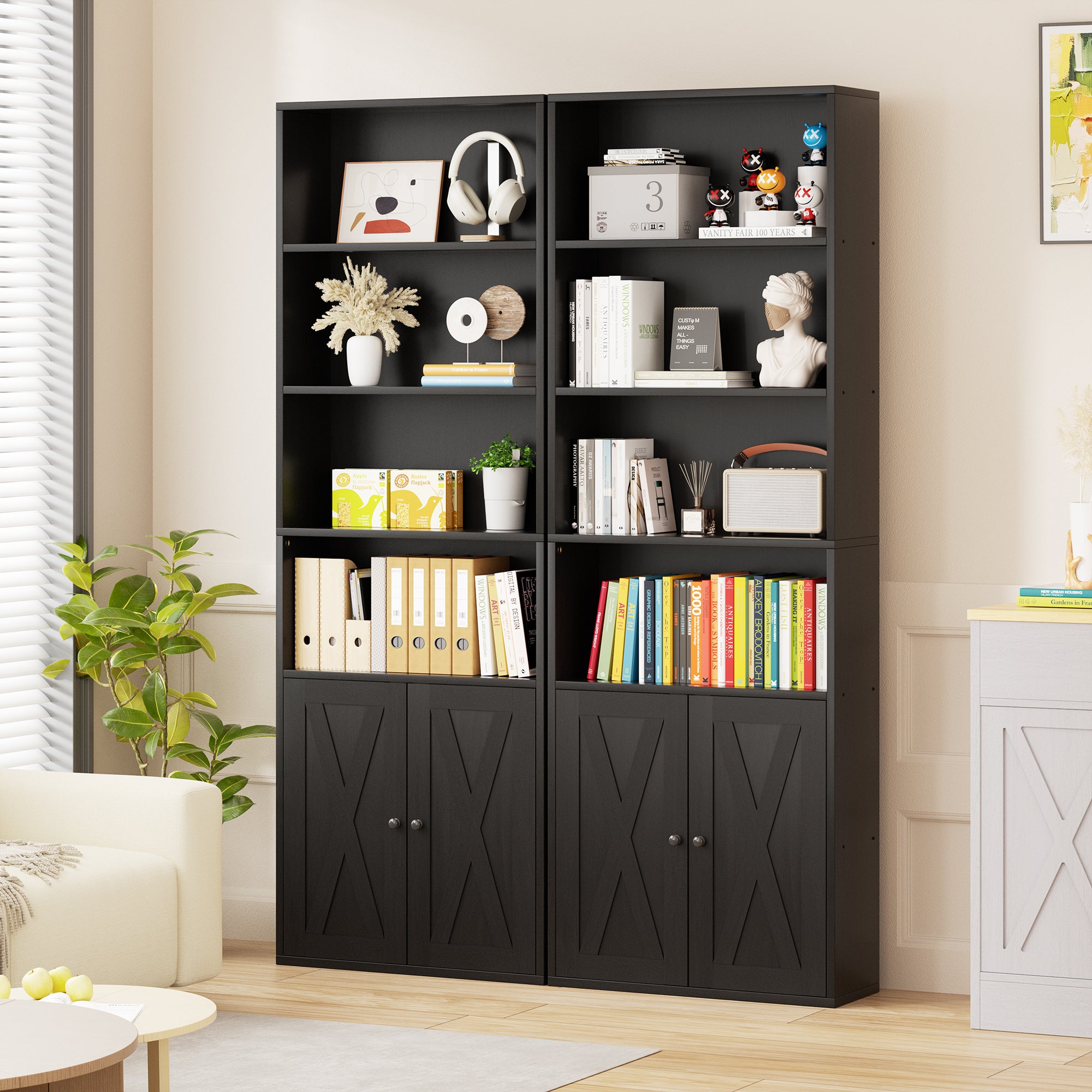 Vongrasig Farmhouse Bookcase with Doors & Storage, Tall 6-Tier Wood Bookshelf for Home Office Organization, Living Room Display, and Bedroom Storage Alternatives, 71-Inch Standing Shelf