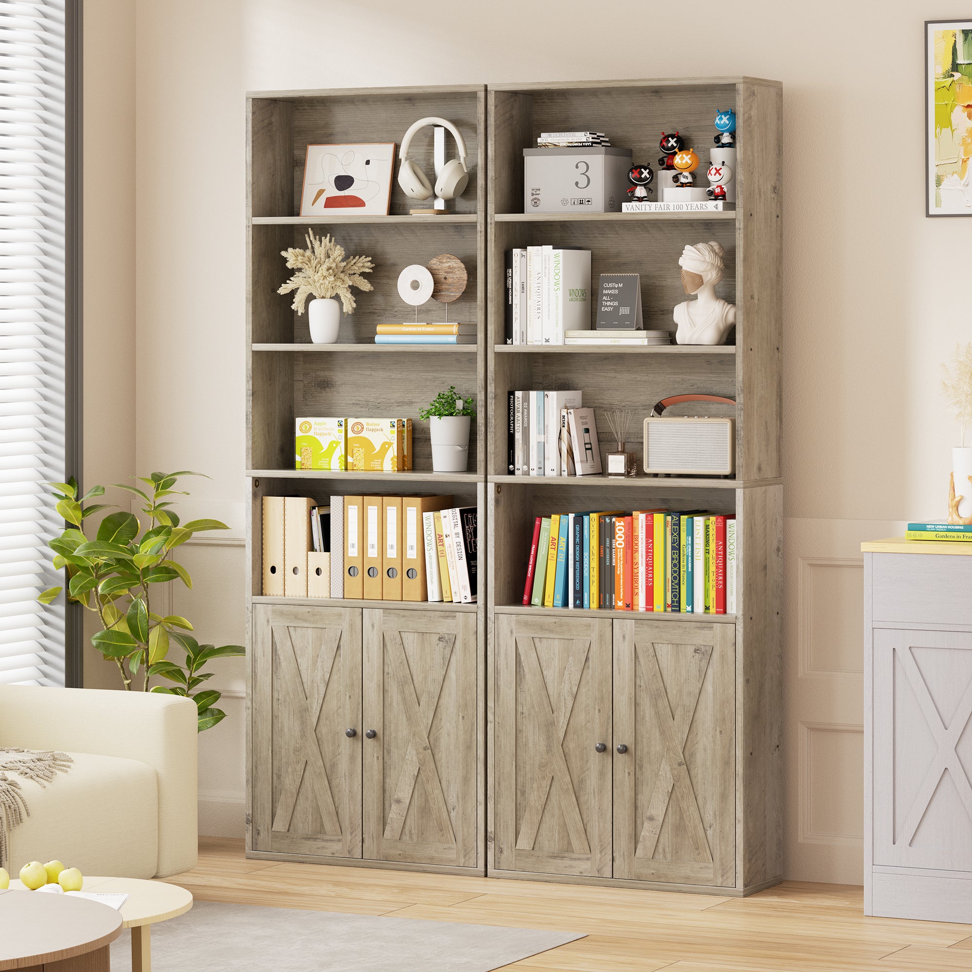 Vongrasig Farmhouse Bookcase with Doors & Storage, Tall 6-Tier Wood Bookshelf for Home Office Organization, Living Room Display, and Bedroom Storage Alternatives, 71-Inch Standing Shelf