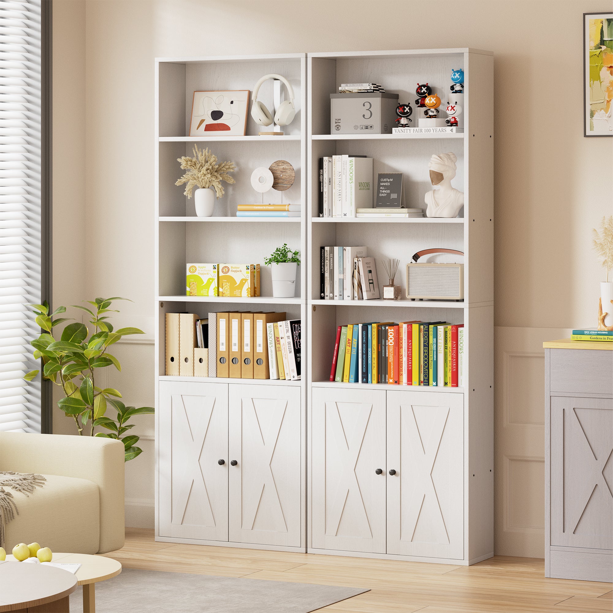 Vongrasig Farmhouse Bookcase with Doors & Storage, Tall 6-Tier Wood Bookshelf for Home Office Organization, Living Room Display, and Bedroom Storage Alternatives, 71-Inch Standing Shelf