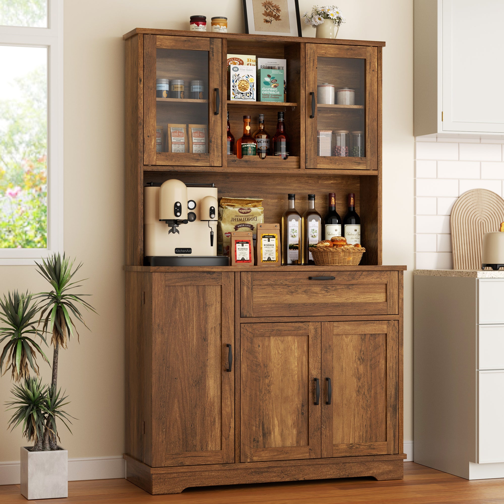 Vongrasig Kitchen Pantry Cabinet, Farmhouse Kitchen Hutch Tall Storage Cabinet with Doors and Shelves, Modern Food Pantry for Dining Room