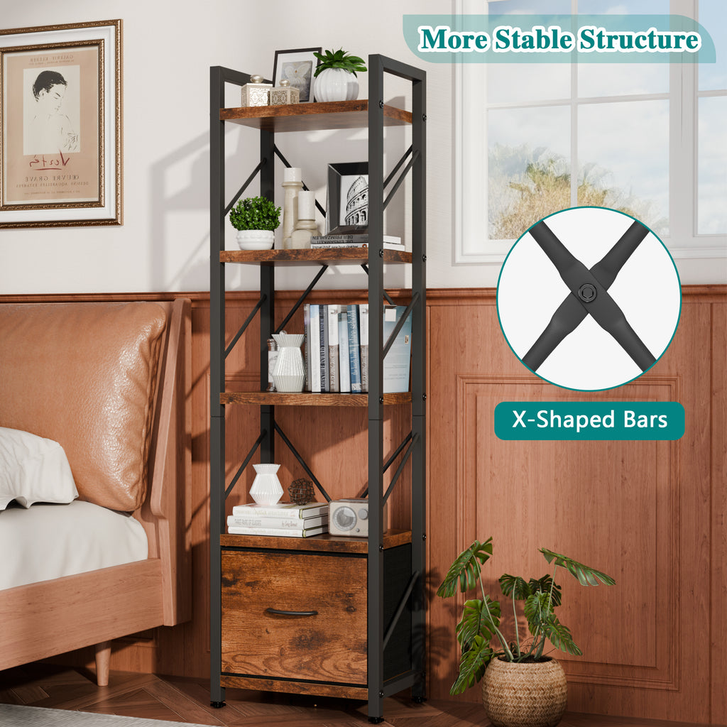 Vongrasig 5 Tier Bookshelf with Drawer, Industrial Tall Narrow Bookcase, Display Shelf Modern Wood and Metal Bookshelves, Free Standing Storage Organizer for Office, Living Room