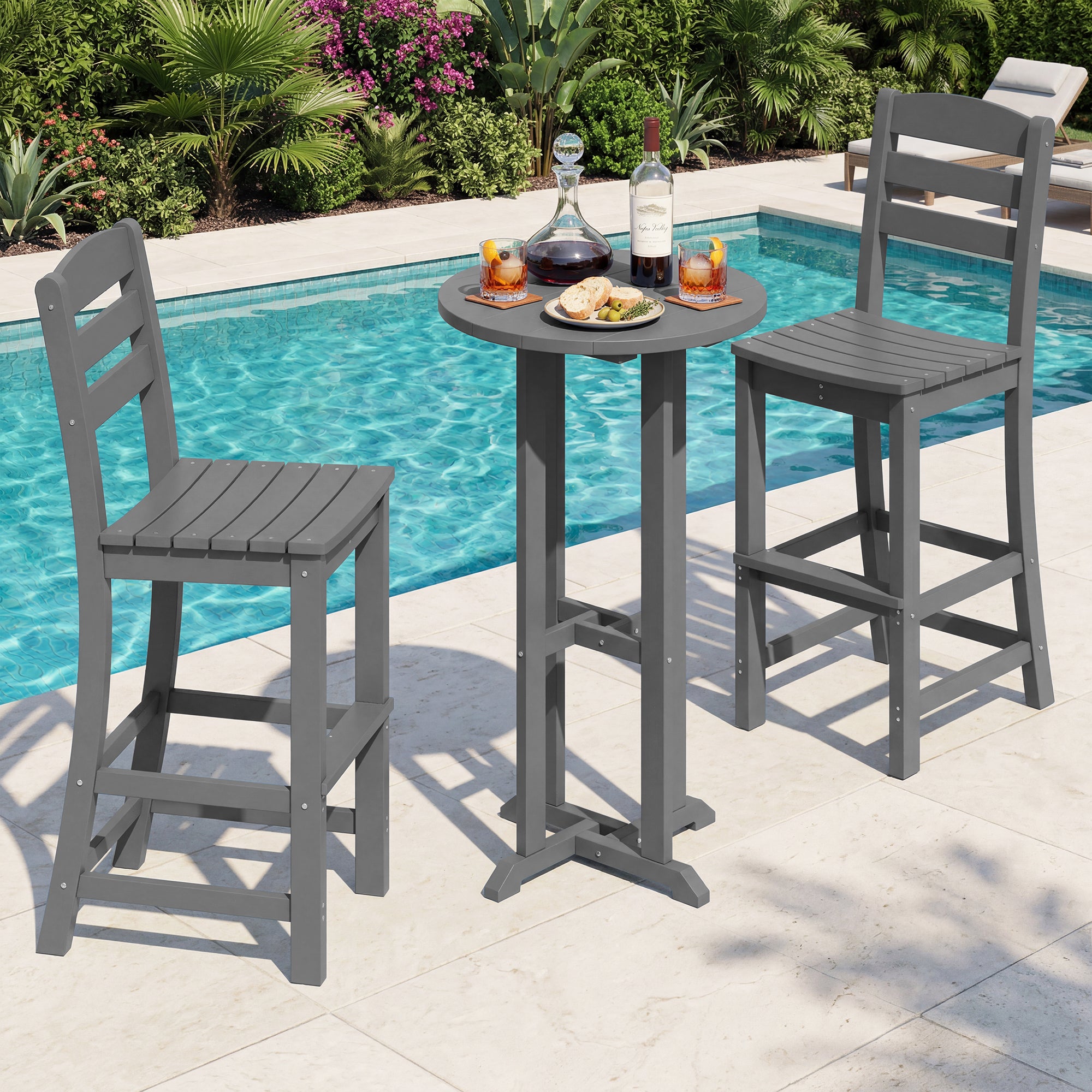 Vongrasig 3 Piece Patio Bar Set, All Weather HDPE High Bistro Stools Chair Set of 2 and Round Pub Bar Table, Outdoor High Top Patio Set for Lawn Garden, Balcony