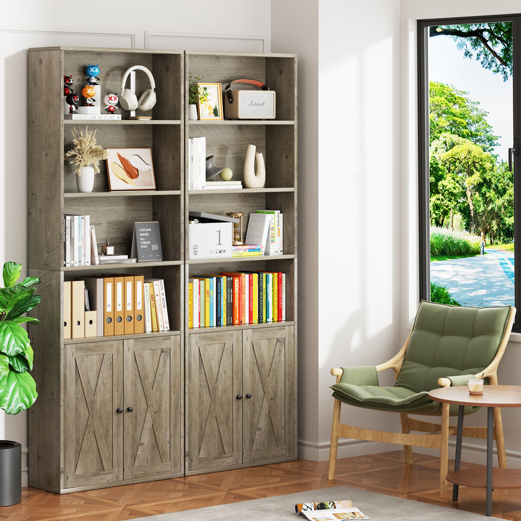 Vongrasig Farmhouse Bookcase with Doors & Storage, Tall 6-Tier Wood Bookshelf for Home Office Organization, Living Room Display, and Bedroom Storage Alternatives, 71-Inch Standing Shelf