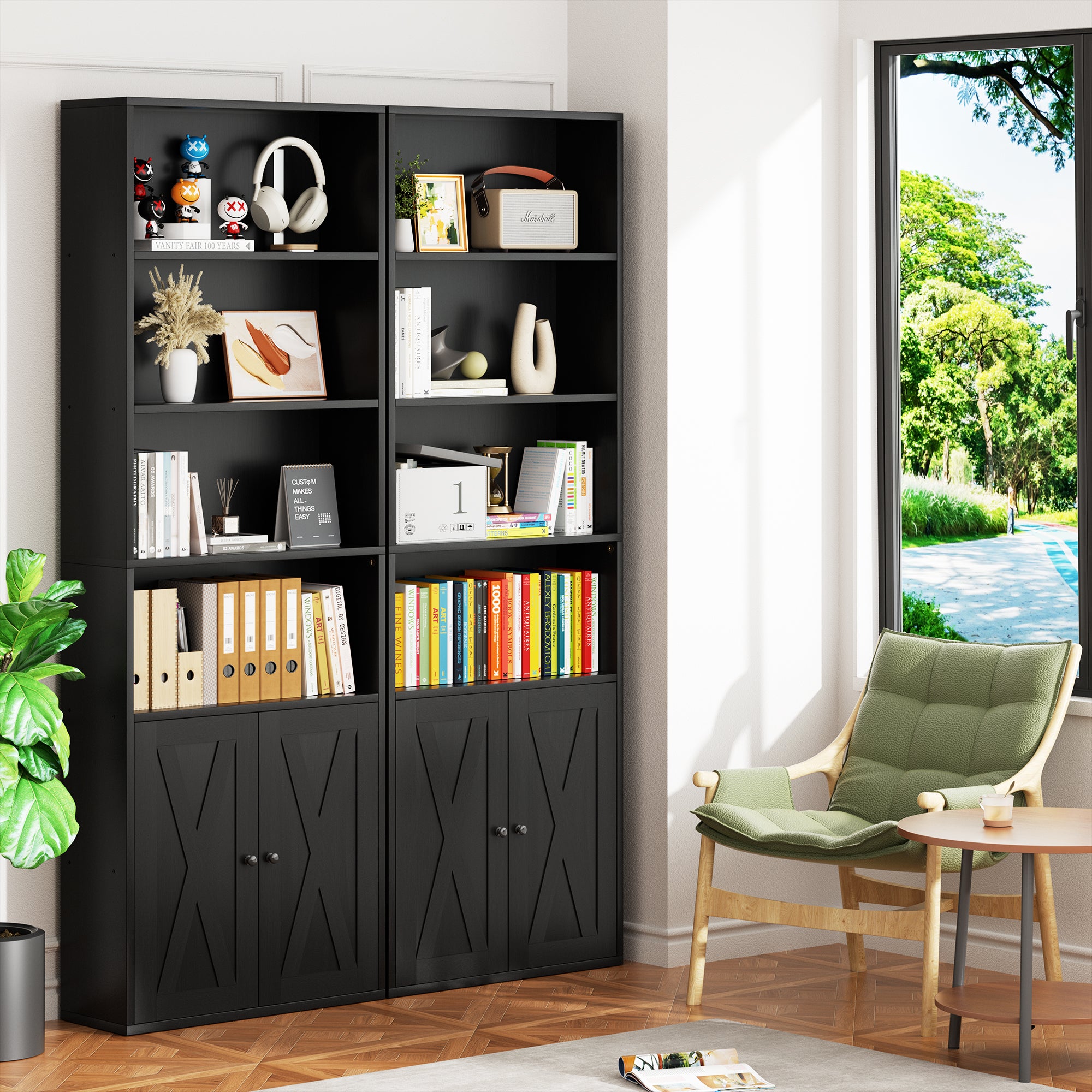Vongrasig Farmhouse Bookcase with Doors & Storage, Tall 6-Tier Wood Bookshelf for Home Office Organization, Living Room Display, and Bedroom Storage Alternatives, 71-Inch Standing Shelf