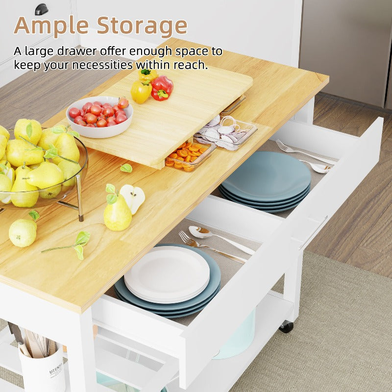Walsunny 40¡®¡¯ Kitchen Island Storage & Bar Cart with Solid Wood Top#color_white (7278481473712)
