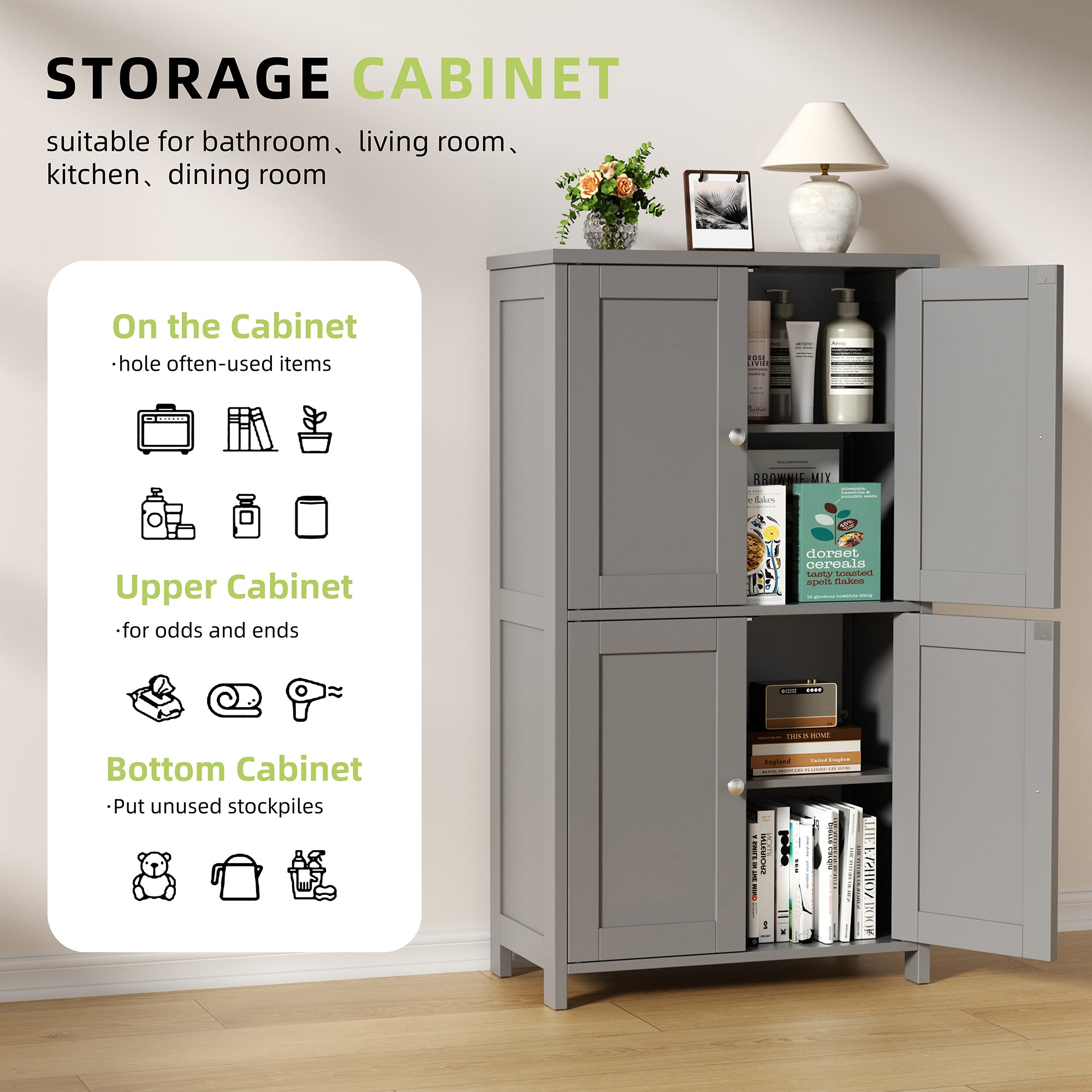 Vongrasig Bathroom Storage Cabinet, Modern Floor Cabinet with Storage, Adjustable Shelves, Freestanding Cabinet for Bthroom, Living Room, Entryway