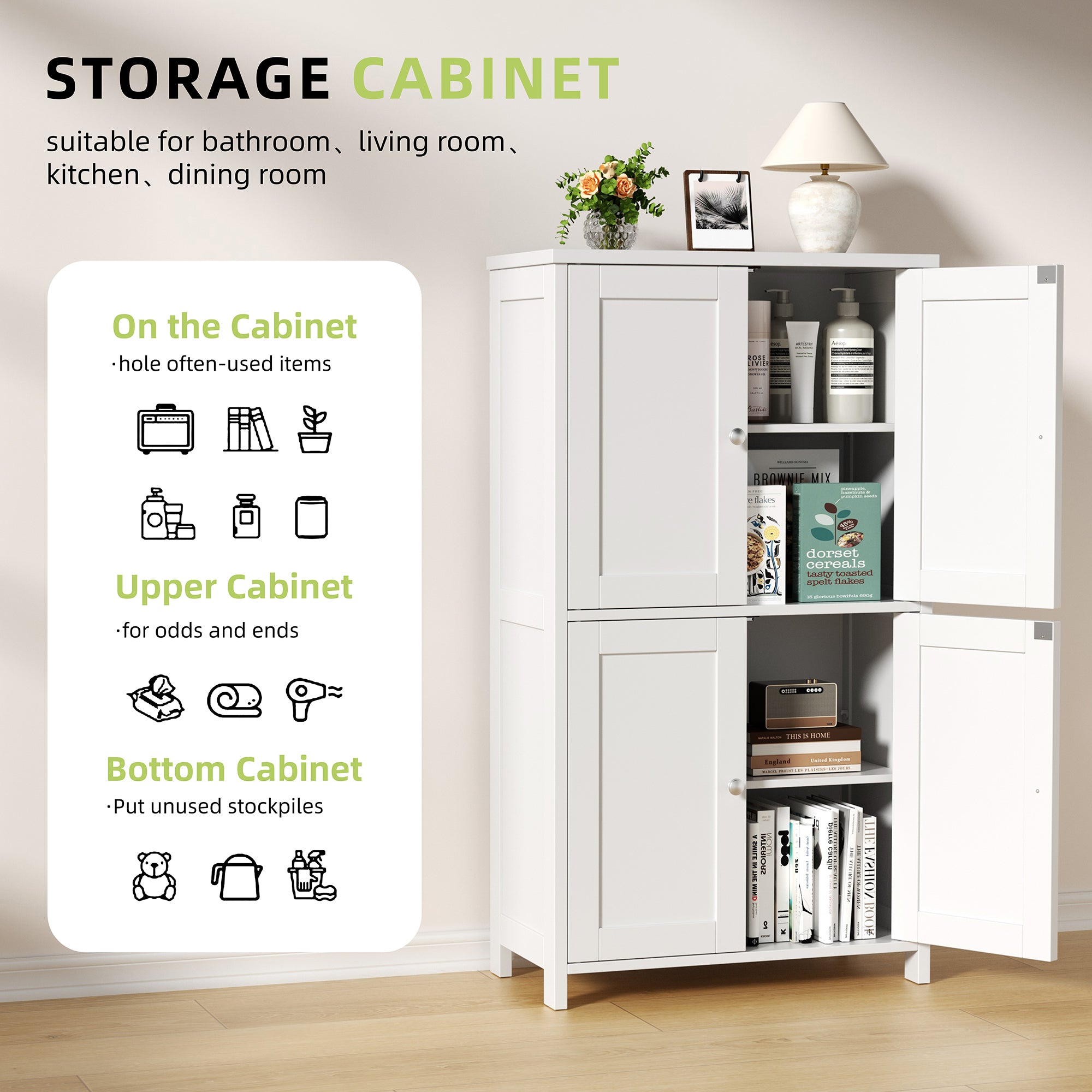Vongrasig 42.6" Bathroom Storage Cabinet, Modern Floor Cabinet with Doors and Adjustable Shelves, Freestanding Accent Organizer Cupboard for Living Room, Entryway, Kitchen