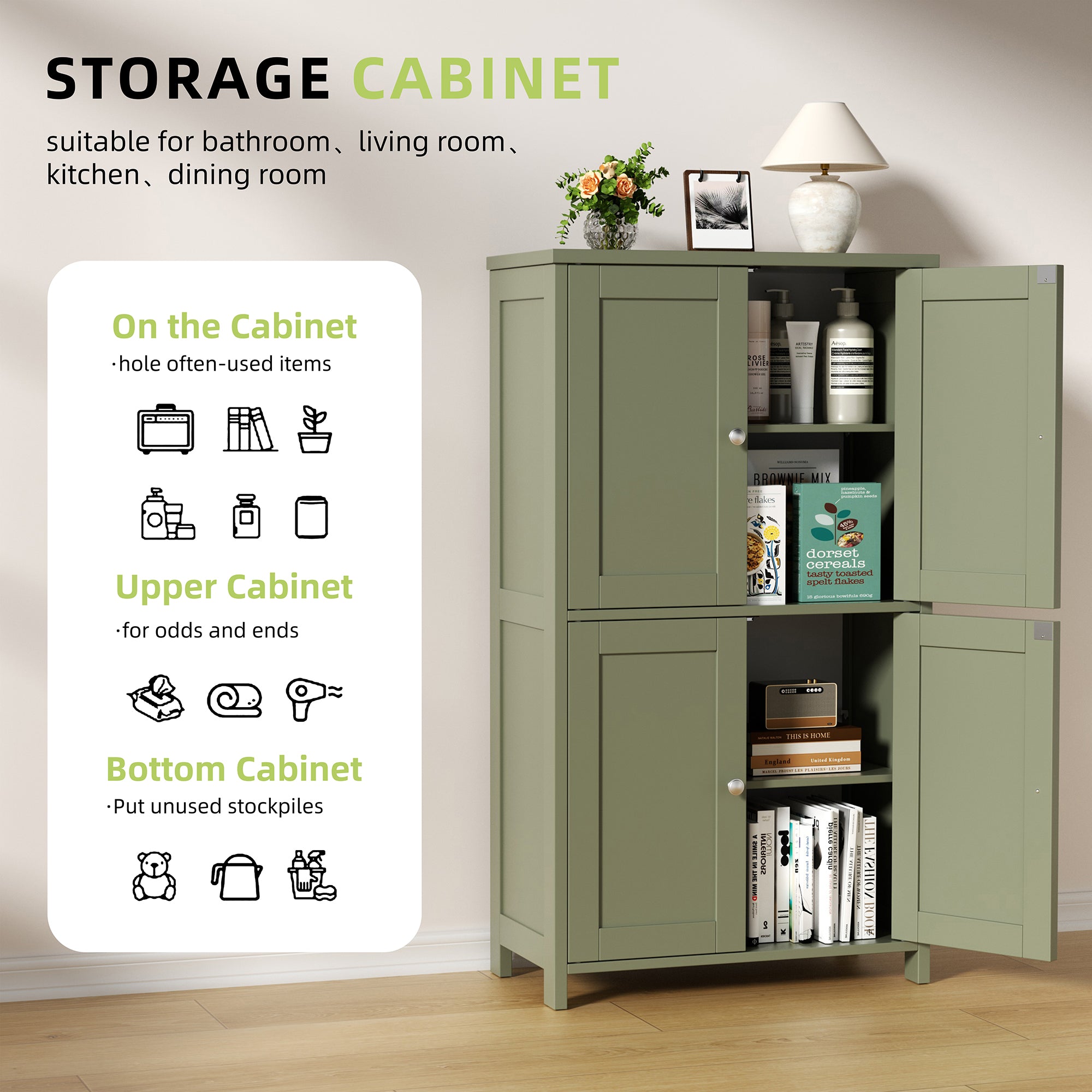 Vongrasig Bathroom Storage Cabinet, Modern Floor Cabinet with Storage, Adjustable Shelves, Freestanding Cabinet for Bthroom, Living Room, Entryway