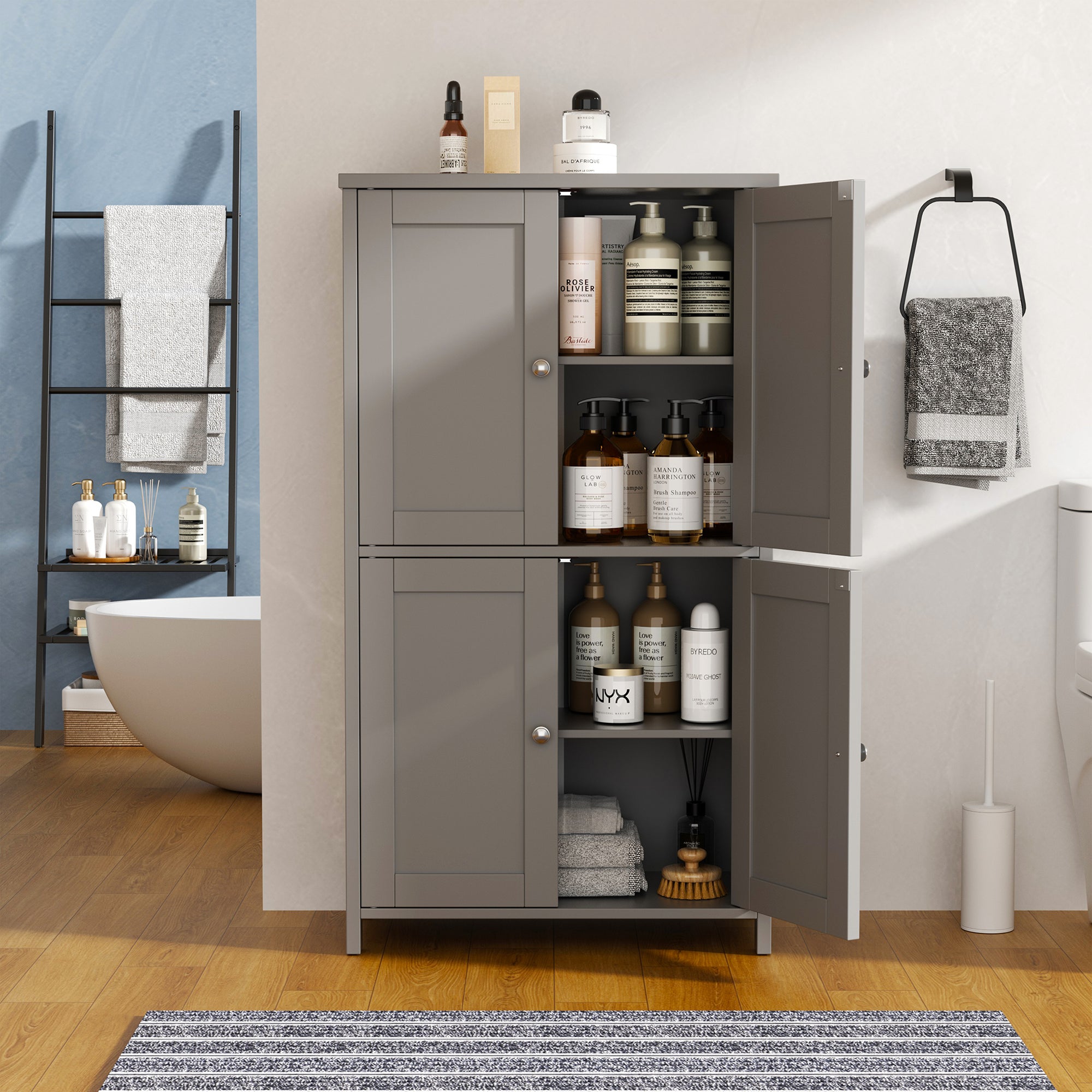 Vongrasig Bathroom Storage Cabinet, Modern Floor Cabinet with Storage, Adjustable Shelves, Freestanding Cabinet for Bthroom, Living Room, Entryway
