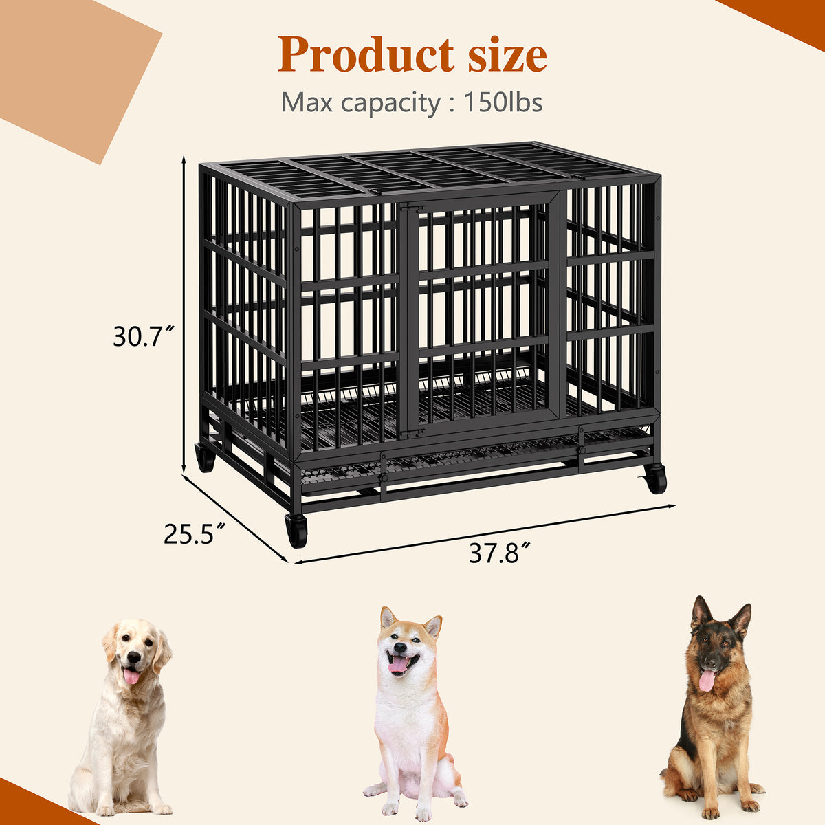 Vongrasig 38 Inch Heavy Duty Indestructible Dog Crate, Escape Proof Dog Cage Kennel with Lockable Wheels,High Anxiety Double Door Dog Cage,Extra Large XL XXL Crate Indoor for Large Dogs