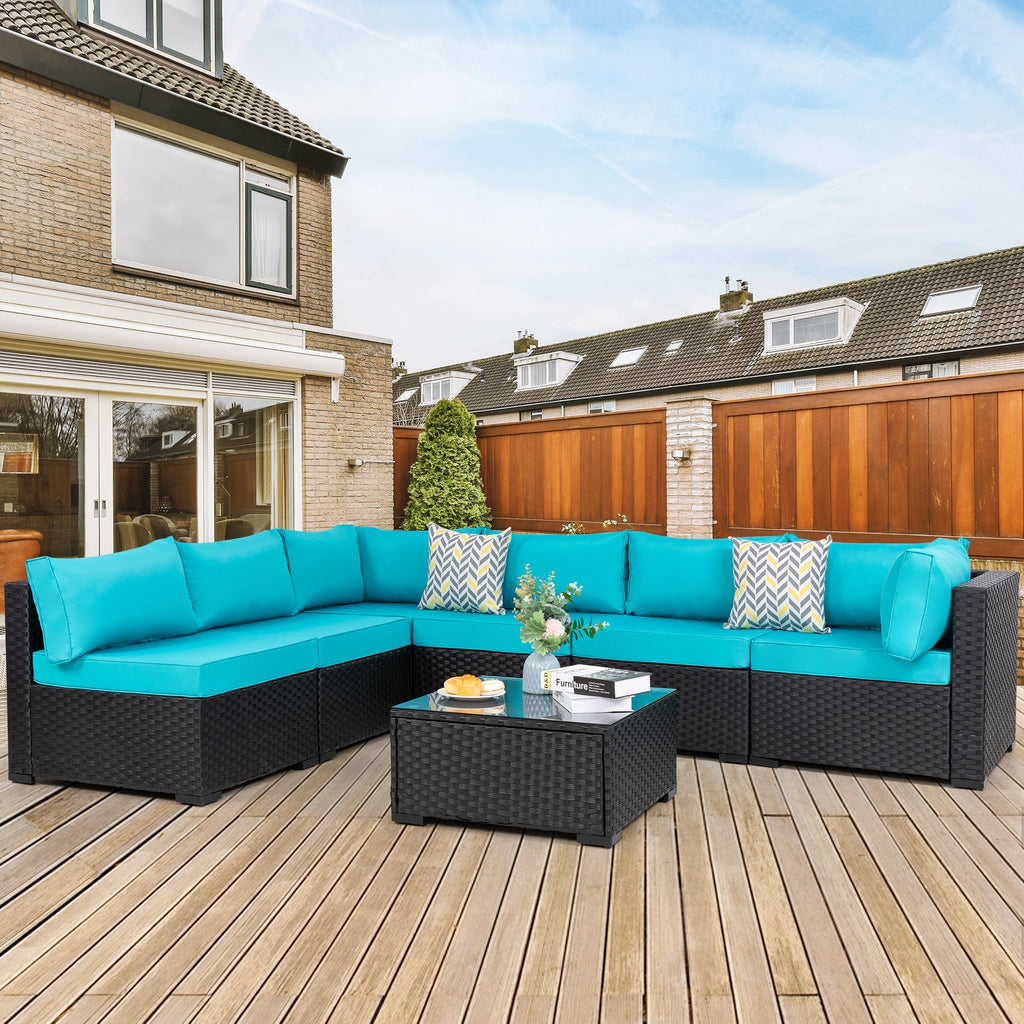 Vongrasig Patio Furniture 7 Pieces Outdoor Sectional Sofa Set, Black Wicker