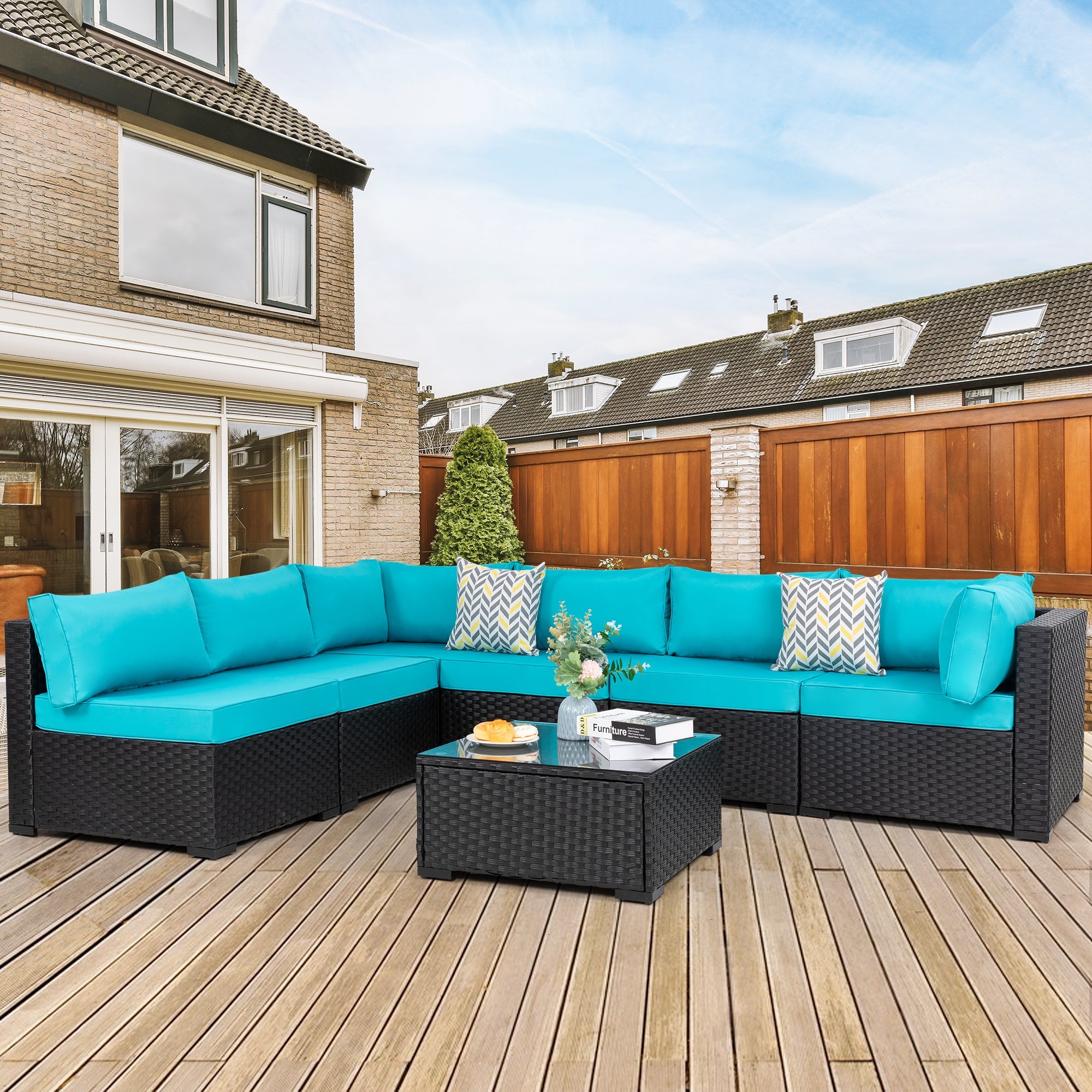 Vongrasig Patio Furniture 7 Pieces Outdoor Sectional Sofa Set, Black Wicker