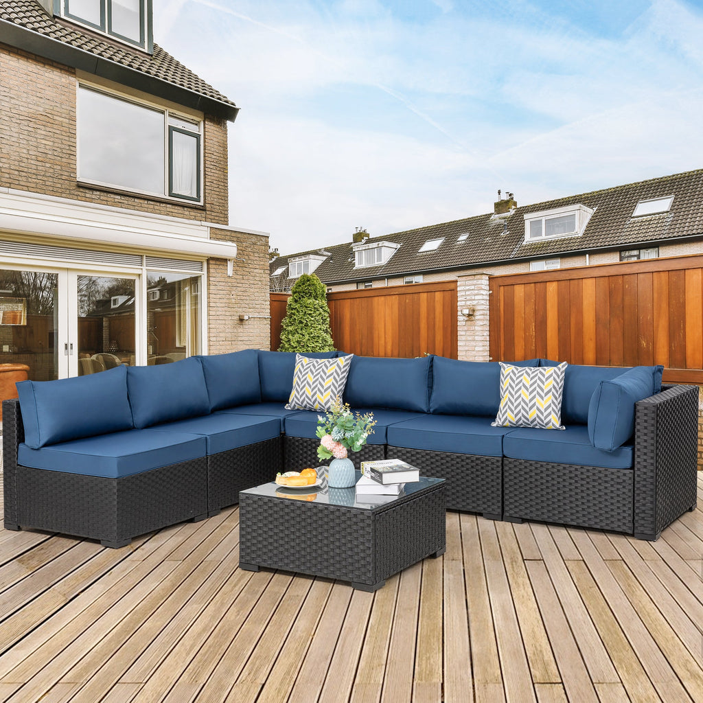 Vongrasig Patio Furniture 7 Pieces Outdoor Sectional Sofa Set, Black Wicker