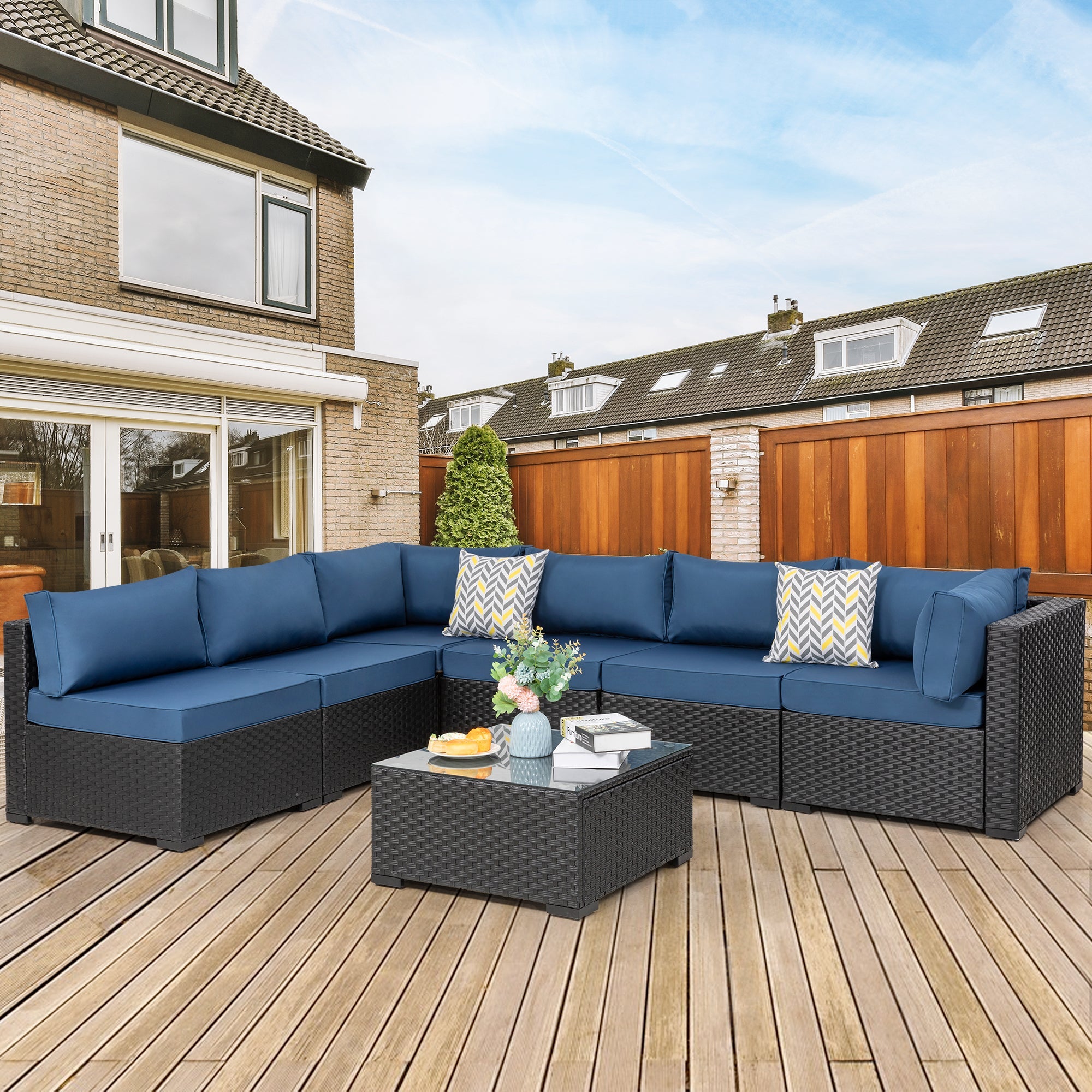 Vongrasig Patio Furniture 7 Pieces Outdoor Sectional Sofa Set, Black Wicker