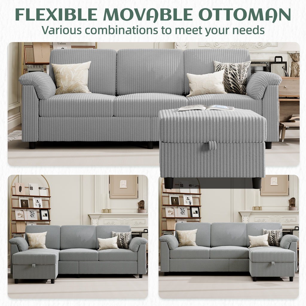 Vongrasig Convertible Sectional Couches Sofa, 3 Seat L Shaped Sofa with Removable Pillows Soft Corduroy Fabric Small Couch Mid Century for Living Room, Bed Room, Apartment and Office (Light Grey)