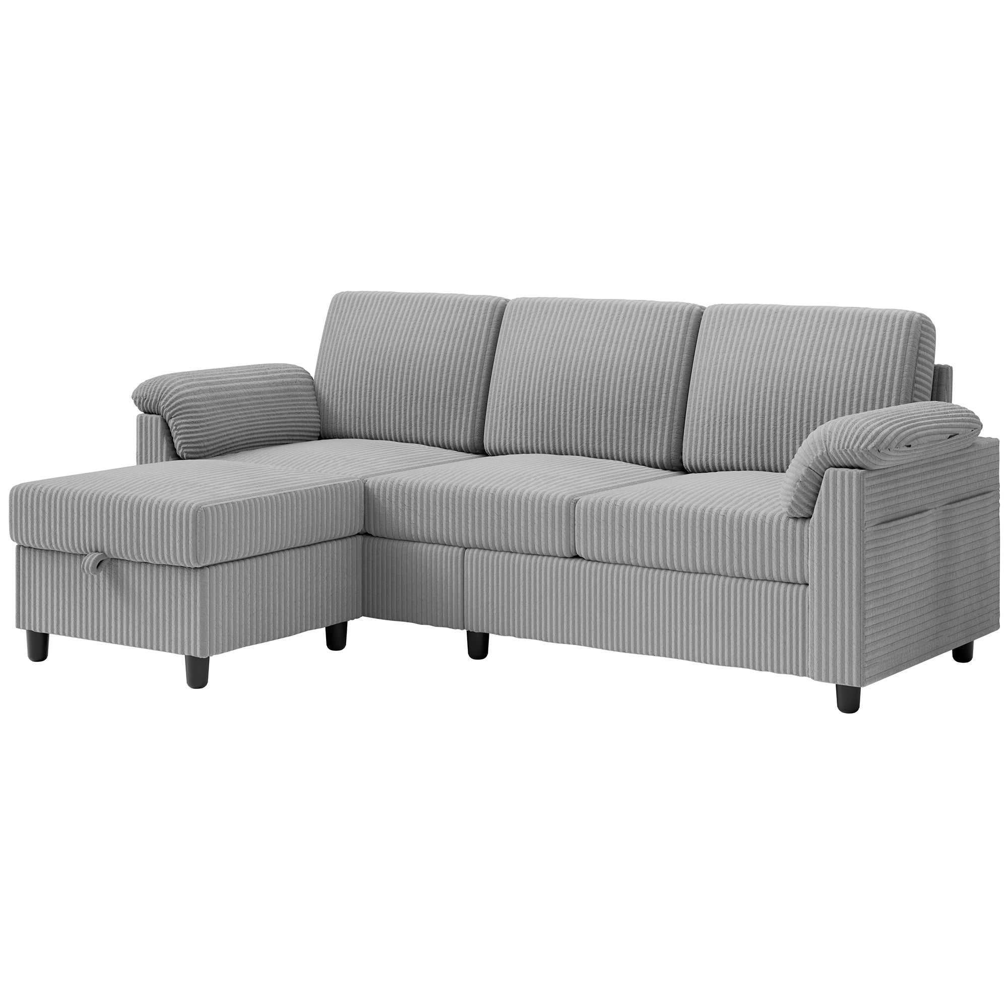 Vongrasig Convertible Sectional Couches Sofa, 3 Seat L Shaped Sofa with Removable Pillows Soft Corduroy Fabric Small Couch Mid Century for Living Room, Bed Room, Apartment and Office (Light Grey)