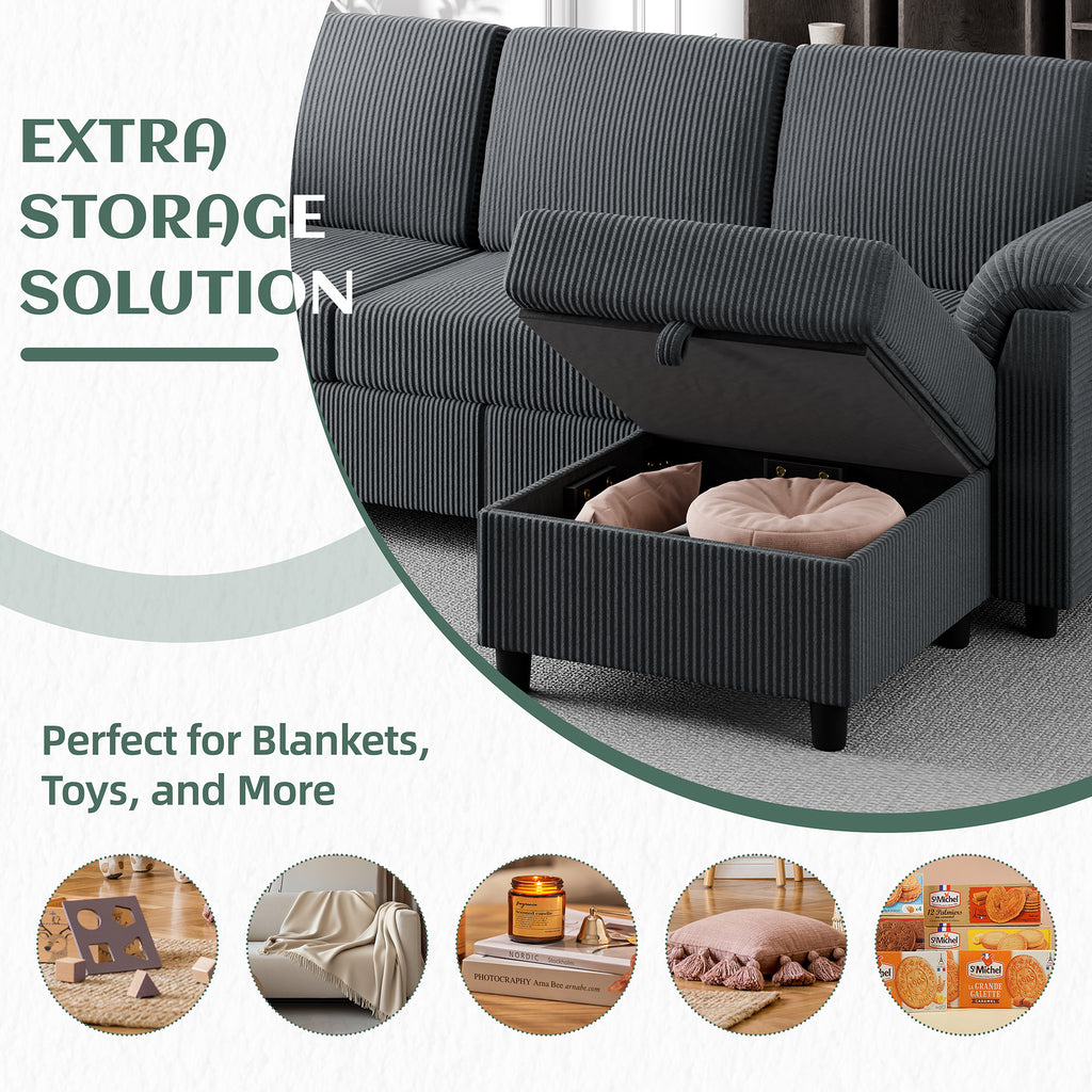 Vongrasig Convertible Sectional Sofa Couch, 3 Seat L Shaped Sofa with Removable Pillows Soft Corduroy Fabric Small Couch Mid Century for Living Room, Apartment and Office, Dark Grey