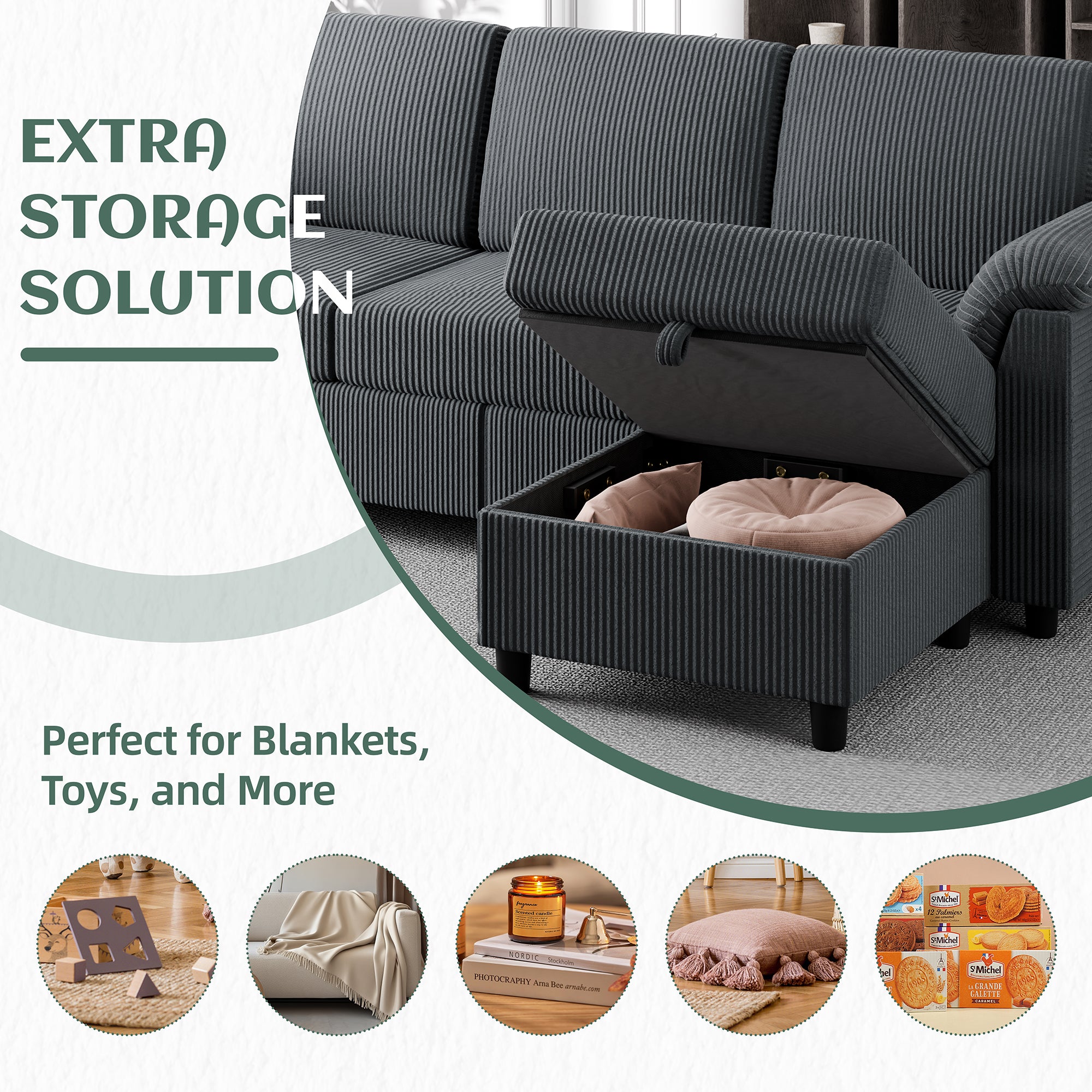 Vongrasig Convertible Sectional Sofa Couch, 3 Seat L Shaped Sofa with Removable Pillows Soft Corduroy Fabric Small Couch Mid Century for Living Room, Apartment and Office, Dark Grey