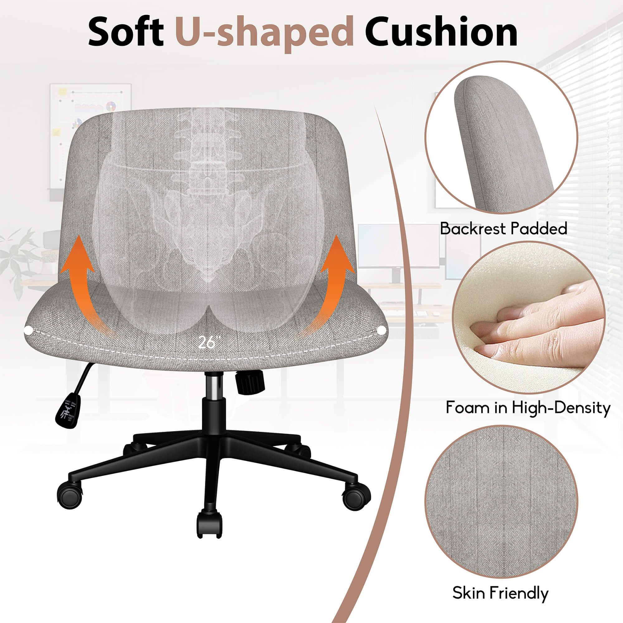 Walsunny Cross Legged Office Chair Armless Wide Chair Cross Legged Office Chair Computer Chair #color_grey #foot_pulley-foot