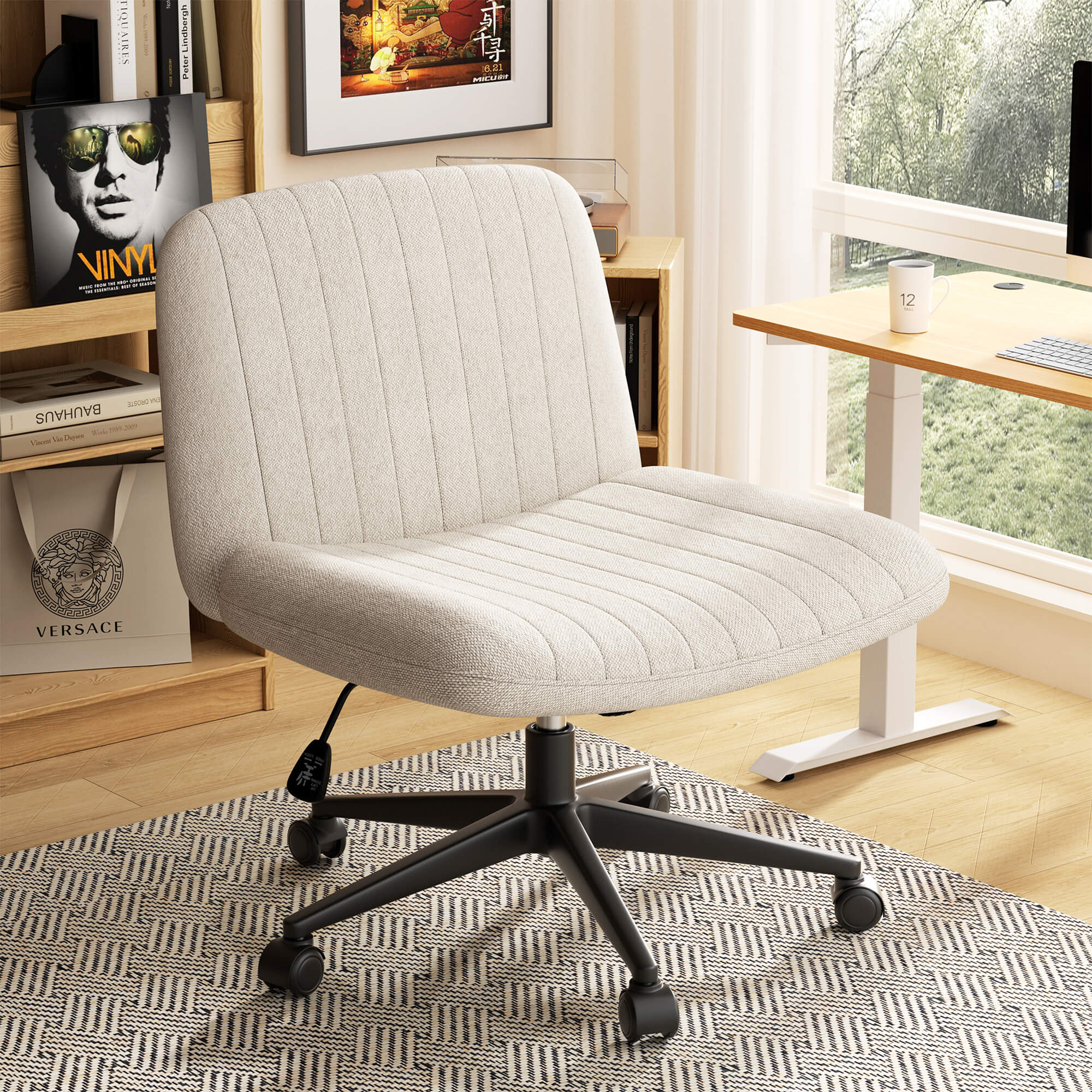 Walsunny Cross Legged Office Chair Armless Wide Chair Cross Legged Office Chair Computer Chair #color_white #foot_pulley-foot