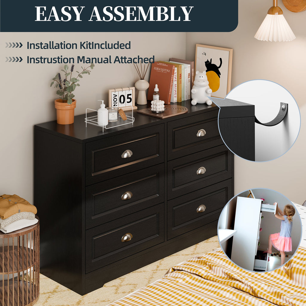 Walsunny 9 Drawer Double Dresser Black Wooden Wide Chest of Drawers with Metal Handles Storage Organizer Dresser Nursery Dresser for Living Room Hallway (7504222027952)