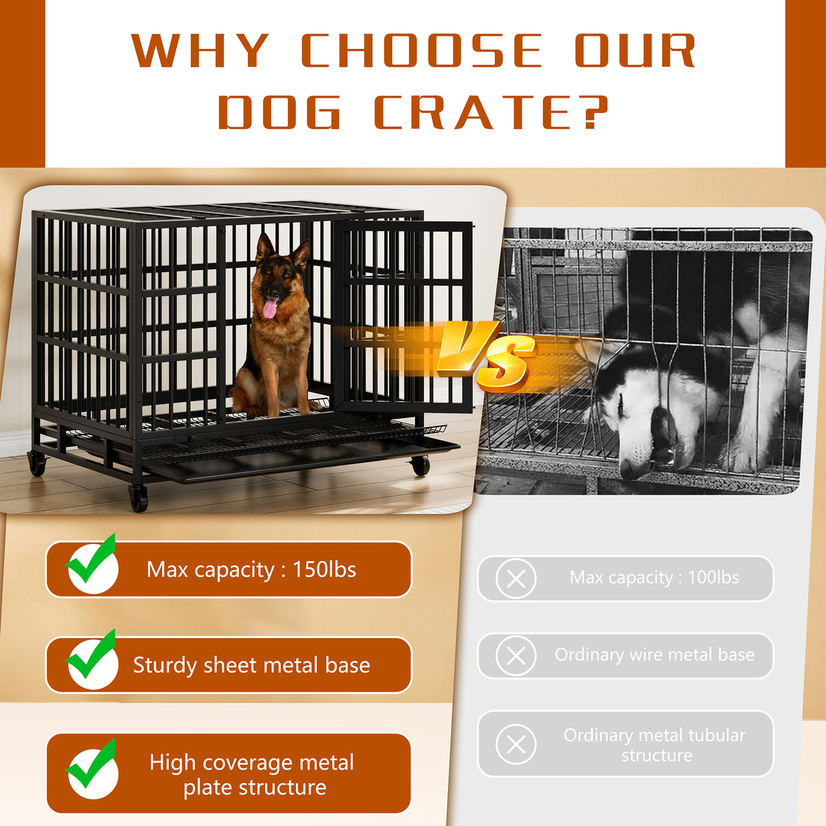 Vongrasig 38 Inch Heavy Duty Indestructible Dog Crate, Escape Proof Dog Cage Kennel with Lockable Wheels,High Anxiety Double Door Dog Cage,Extra Large XL XXL Crate Indoor for Large Dogs