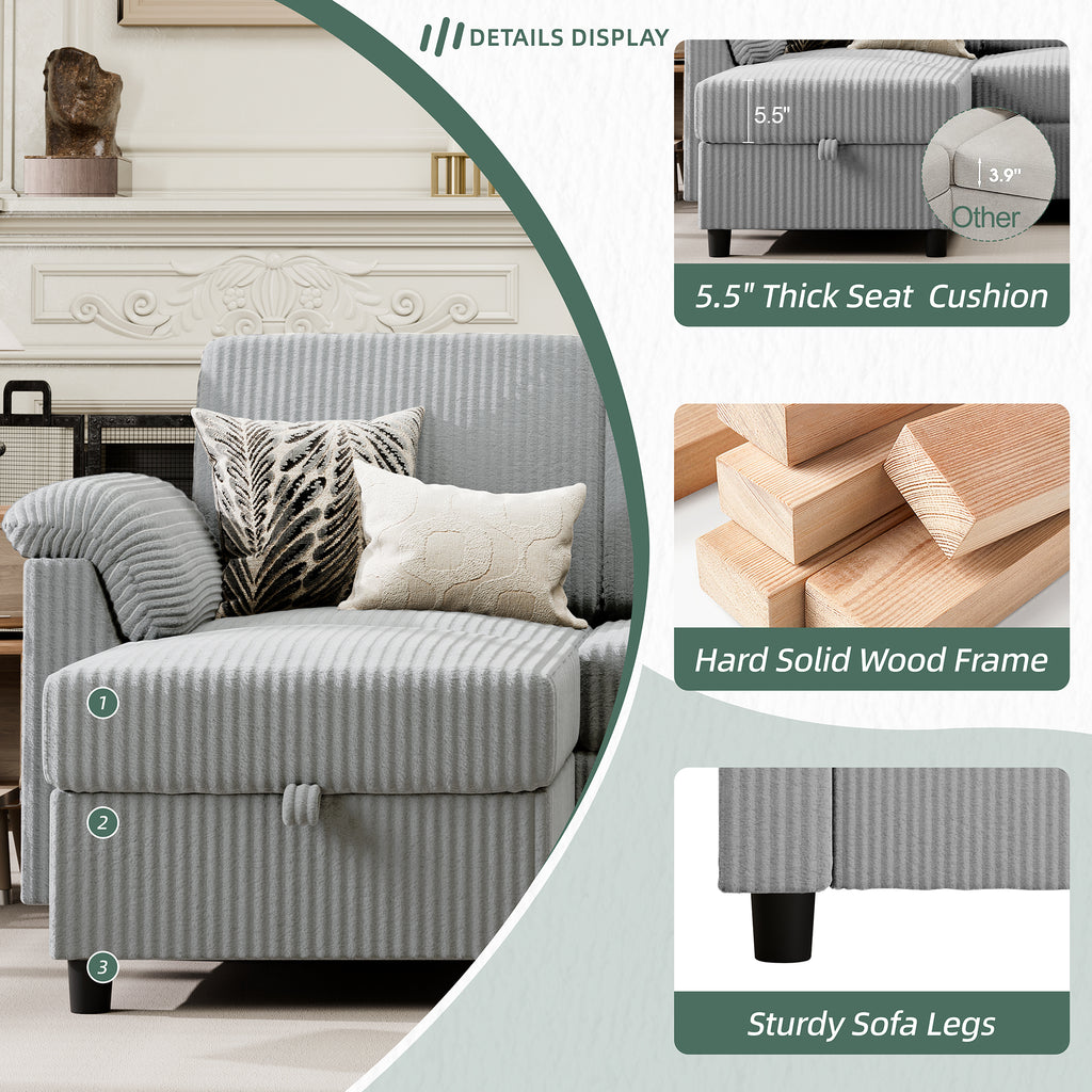 Vongrasig Convertible Sectional Couches Sofa, 3 Seat L Shaped Sofa with Removable Pillows Soft Corduroy Fabric Small Couch Mid Century for Living Room, Bed Room, Apartment and Office (Light Grey)