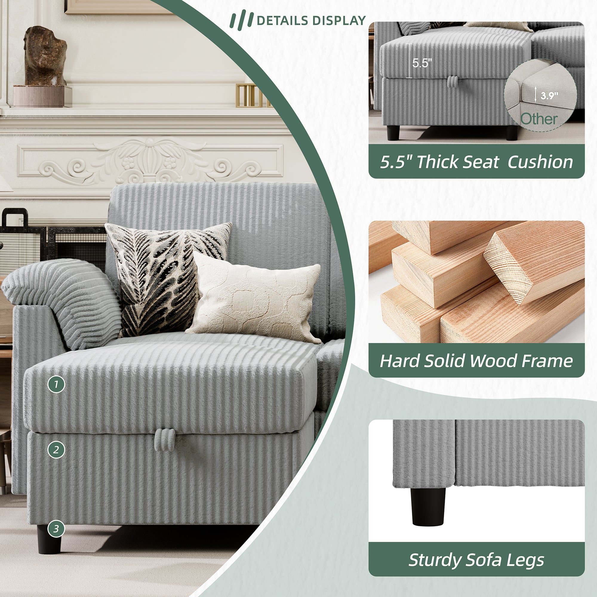 Vongrasig Convertible Sectional Couches Sofa, 3 Seat L Shaped Sofa with Removable Pillows Soft Corduroy Fabric Small Couch Mid Century for Living Room, Bed Room, Apartment and Office (Light Grey)