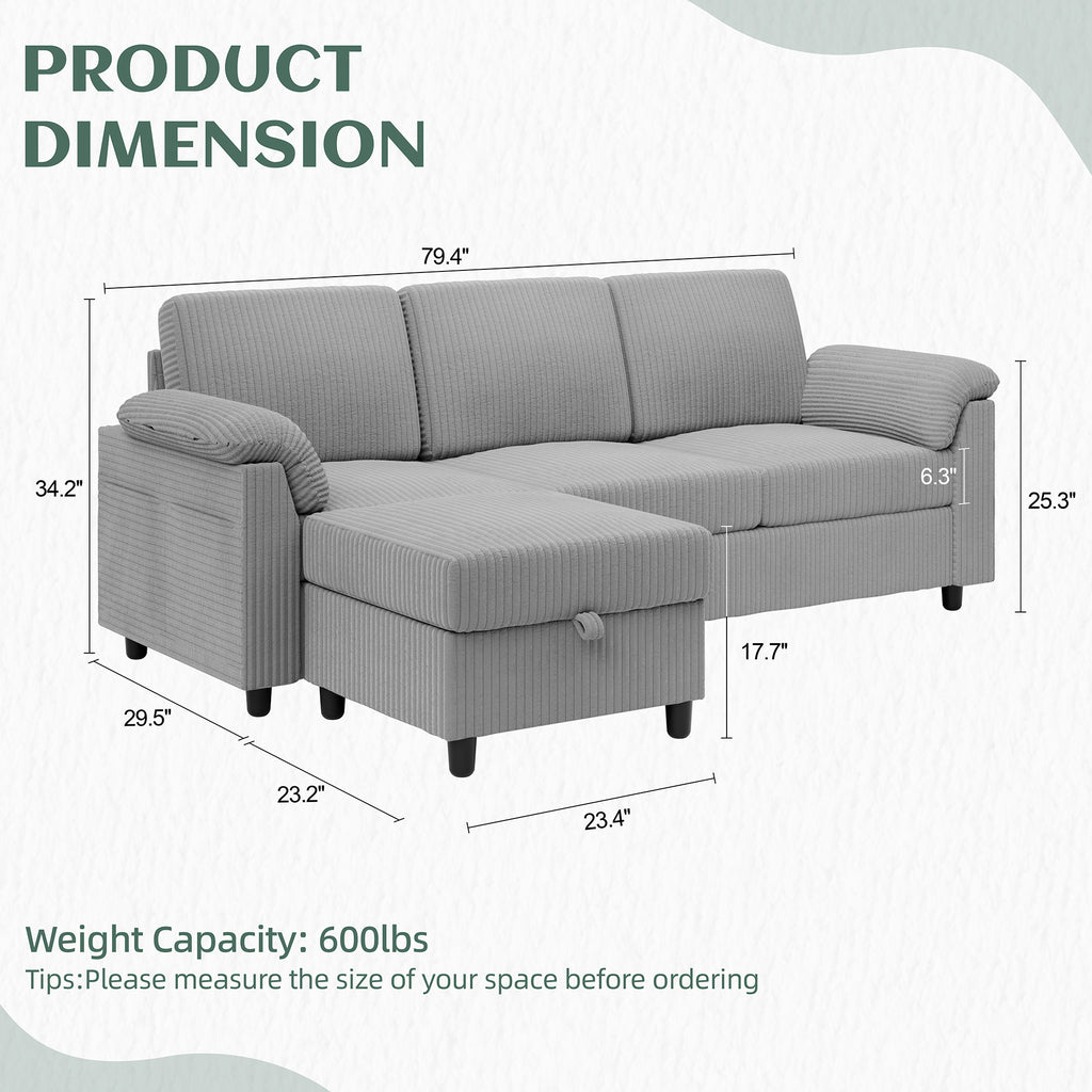 Vongrasig Convertible Sectional Couches Sofa, 3 Seat L Shaped Sofa with Removable Pillows Soft Corduroy Fabric Small Couch Mid Century for Living Room, Bed Room, Apartment and Office (Light Grey)