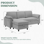 Vongrasig Convertible Sectional Couches Sofa, 3 Seat L Shaped Sofa with Removable Pillows Soft Corduroy Fabric Small Couch Mid Century for Living Room, Bed Room, Apartment and Office (Light Grey)