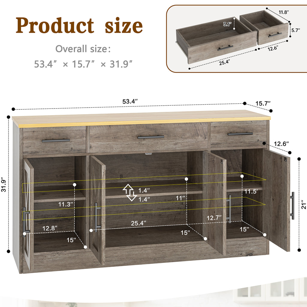 Vongrasig Buffet Cabinet with Storage, Farmhouse Coffee Bar Cabinet with Drawers, 53” Large Modern Sideboard Buffet with Adjustable Shelves for Kitchen, Dining Room