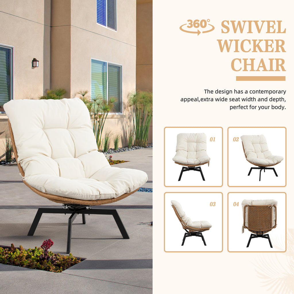 Vongrasig Swivel Wicker Chair PE Rattan Chair with Cushion, Oversized Patio Lounge Chair for Outdoor, Indoor, Balcony, Backyard, Garden, Living Room