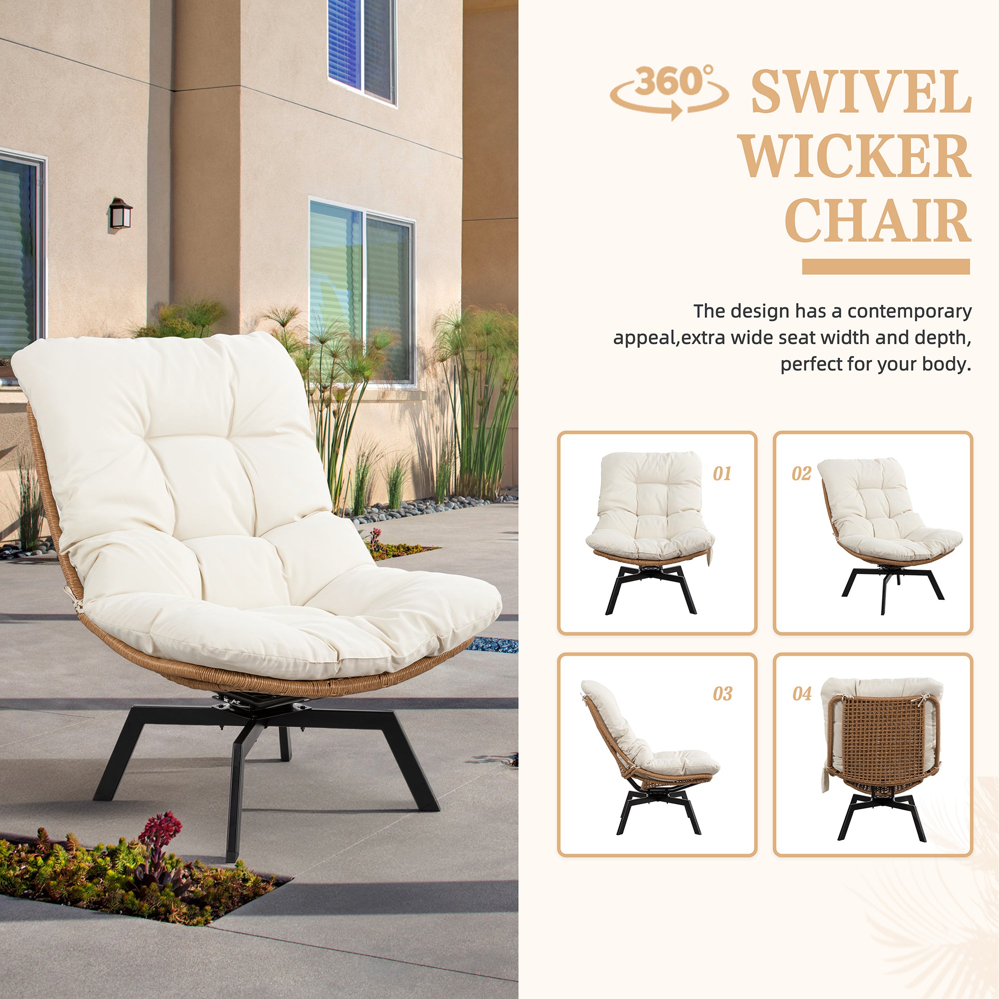 Vongrasig Swivel Wicker Chair PE Rattan Chair with Cushion, Oversized Patio Lounge Chair for Outdoor, Indoor, Balcony, Backyard, Garden, Living Room